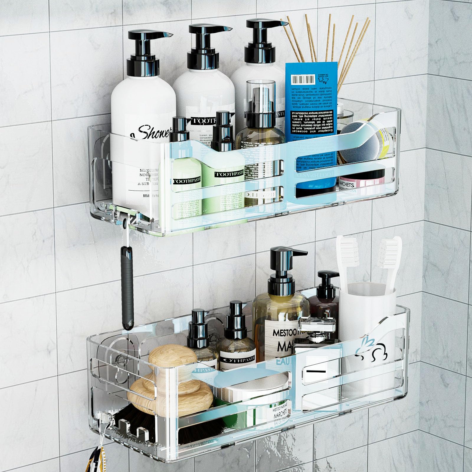 Jiepai Acrylic Shower Caddy Basket Shelf With Hooks,Adhesive Shower Shelves Wall Mounted Bathroom Storage Shampoo Organizer, Kit