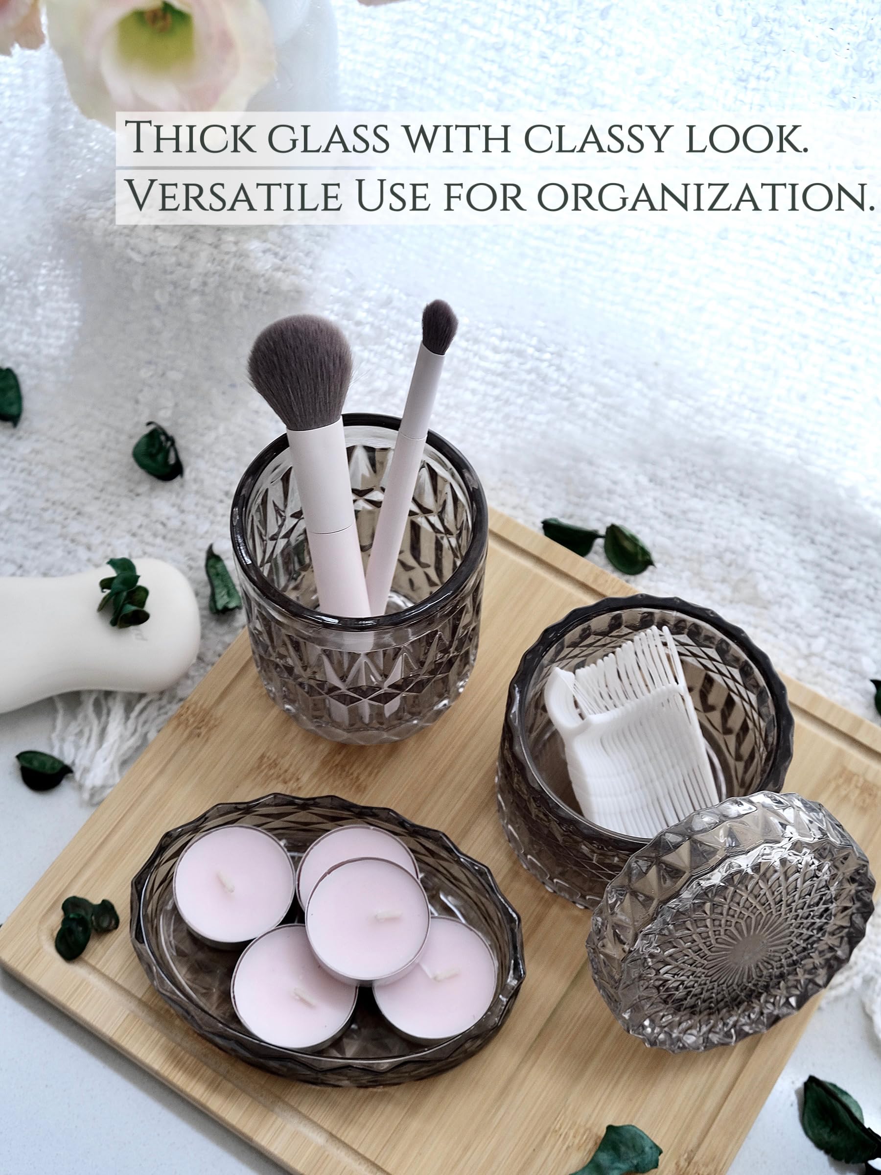 LaMarriti 5Pcs Black Glass Bathroom Accessory Complete Set  Lotion Dispenser  Soap Dish  Toothbrush Holder Set  Tumbler  Cotton Swab Jars  Vintage Bathroom Decor and Gift Set  Grey Black