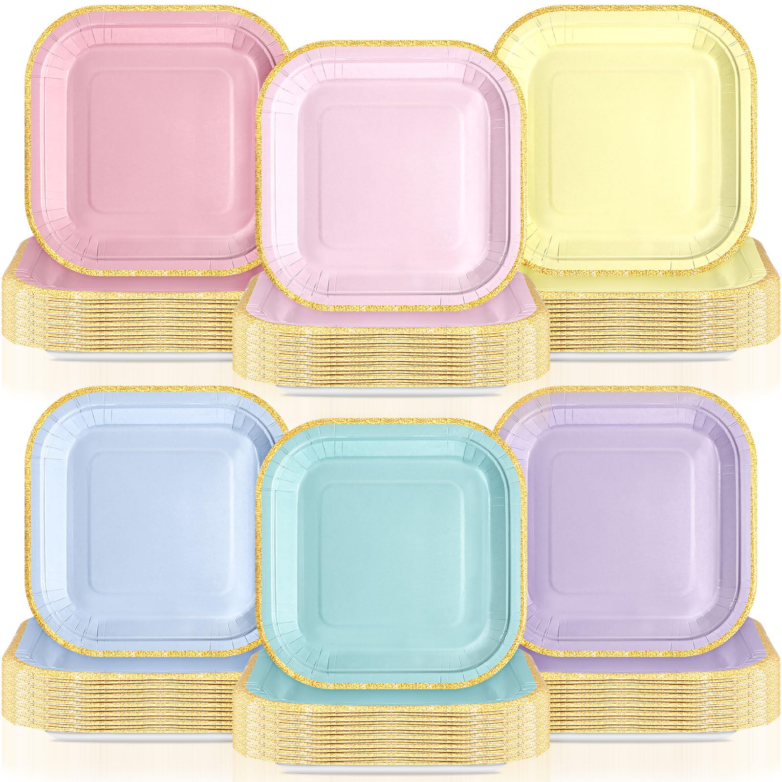 Tiangrid 120 Pcs Pastel Colorful Paper Plates 7 Inch Gradient Disposable Square Dessert Party Plates with Gold Edge for Birthday