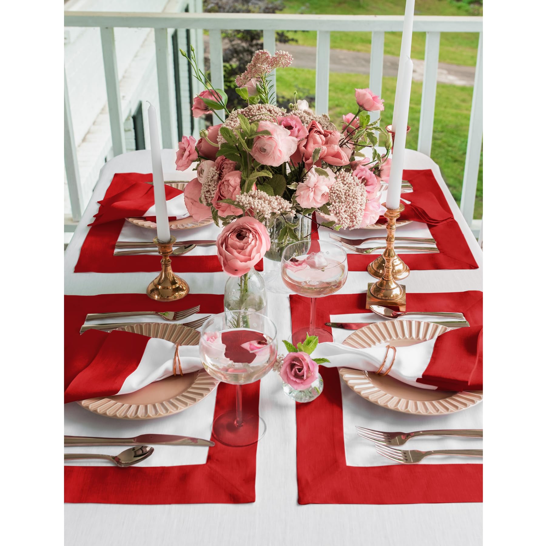 Solino Home Linen Placemats Set Of 4-100% Pure Linen Cloth Fabric Placemats Red And White - 19'' L X 14'' W Inch Washable Dining