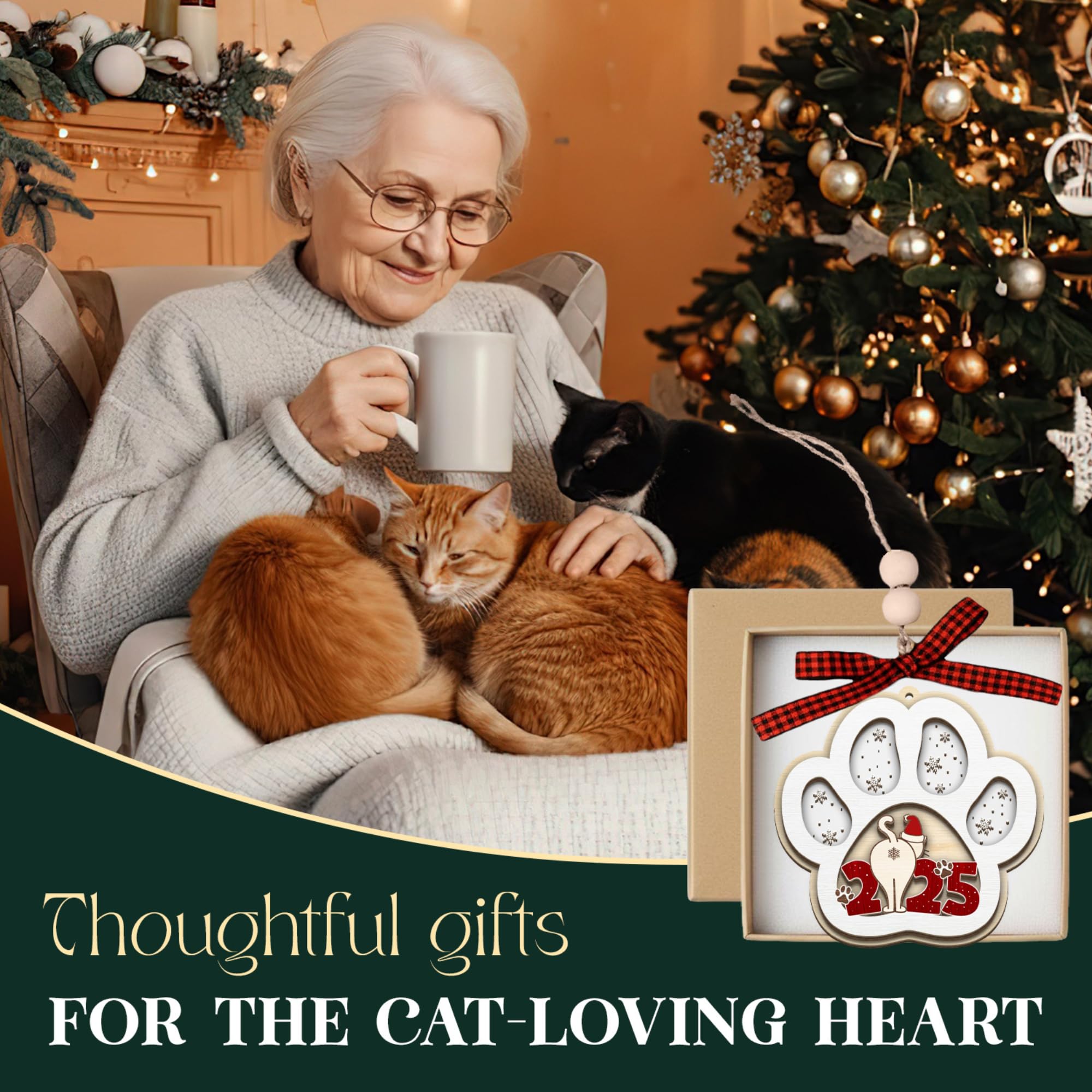 Cat Ornaments 2025 - Acrylic & Wooden Christmas Hanging Ornaments - Cat Lover Gifts for Women, Lady, Crazy, Owner - Kitten Ornam