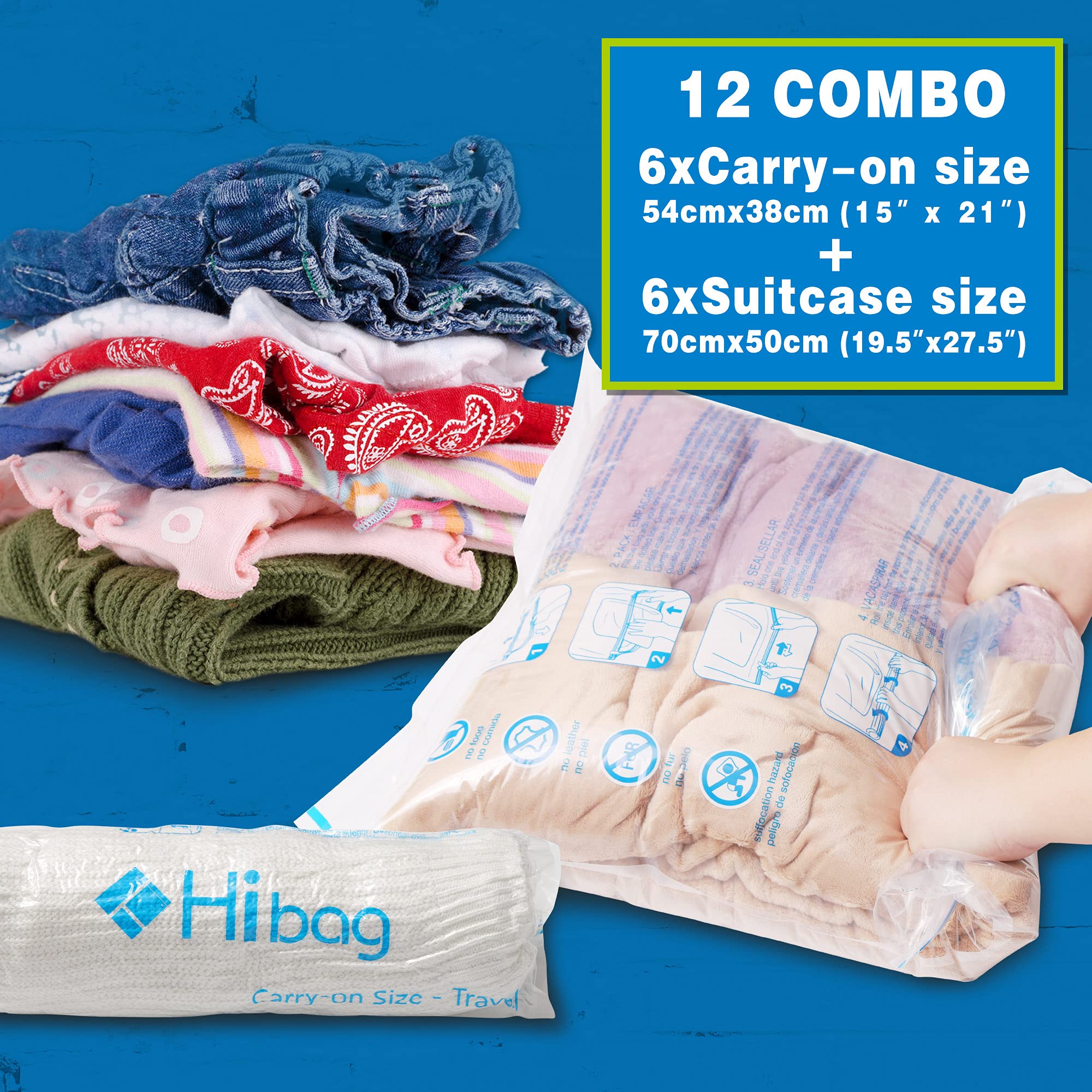 HIBAG Compression Bags for Travel, 12-Pack Space Saver Zipper Bags, Clear, Model 12-Travel, Vacuum Packing for Cruise Accessories