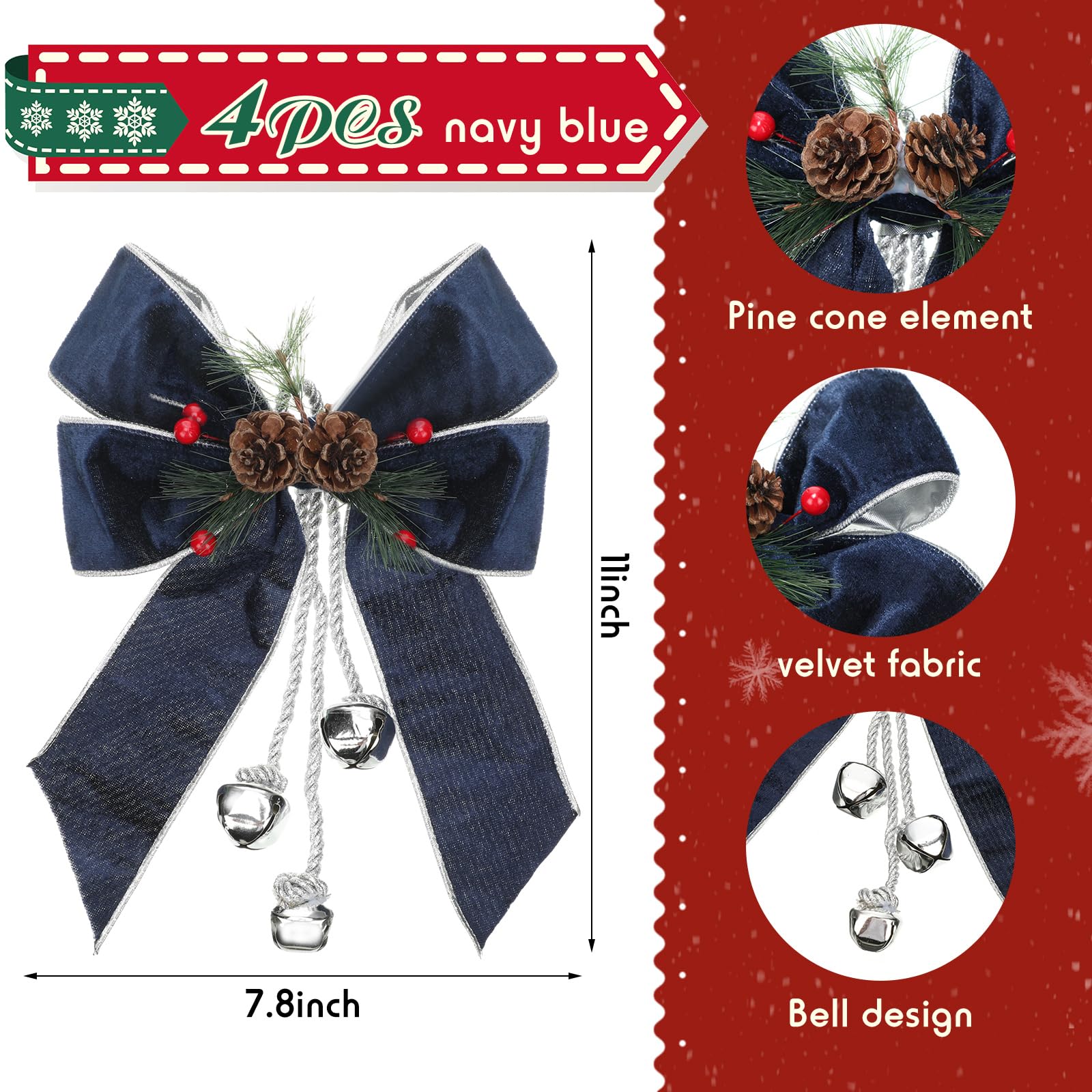 Yinkin Christmas Tree Wreath Bow Christmas Ribbon Bows with Bells 11 x 7.8 in Velvet Pine Cone Bowknot Xmas Tree Hanging Ornamen