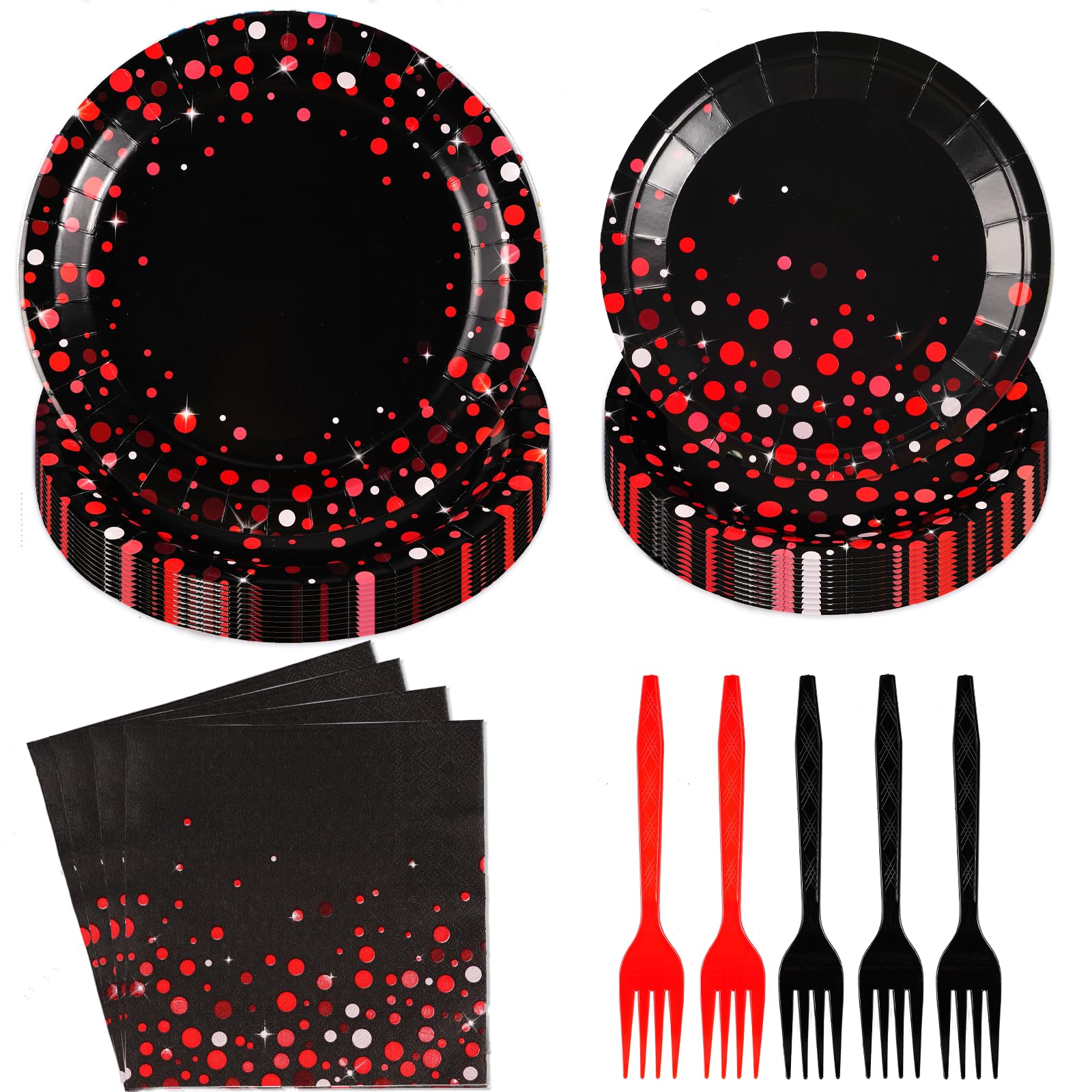 96Pcs Black And Red Party Supplies Red Dot On Black Party Plates And Napkins Disposable 350Gsm Black And Red Birthday Tableware