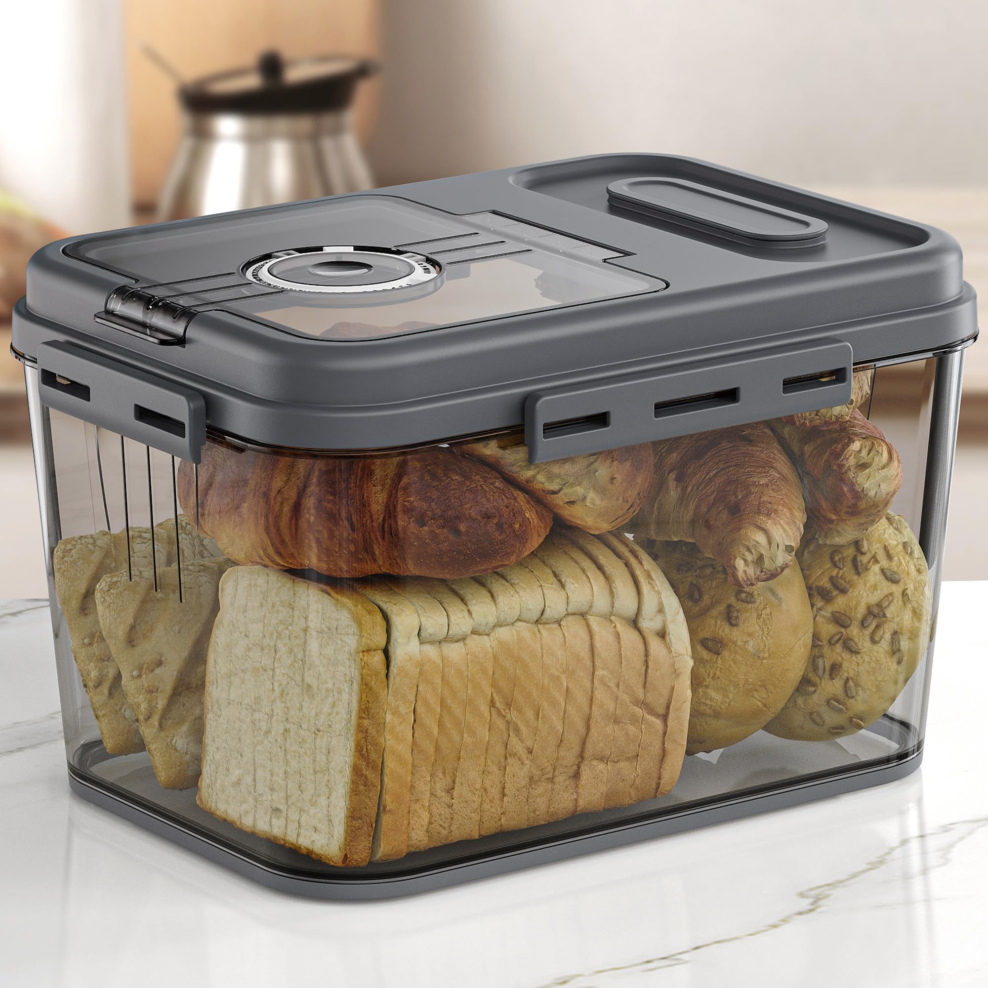 Olimingse Bread Box, 10L Gray Airtight Braed Storage Container, Bread Box For Kitchen Countertop, Time Recording Bread Keeper Wi