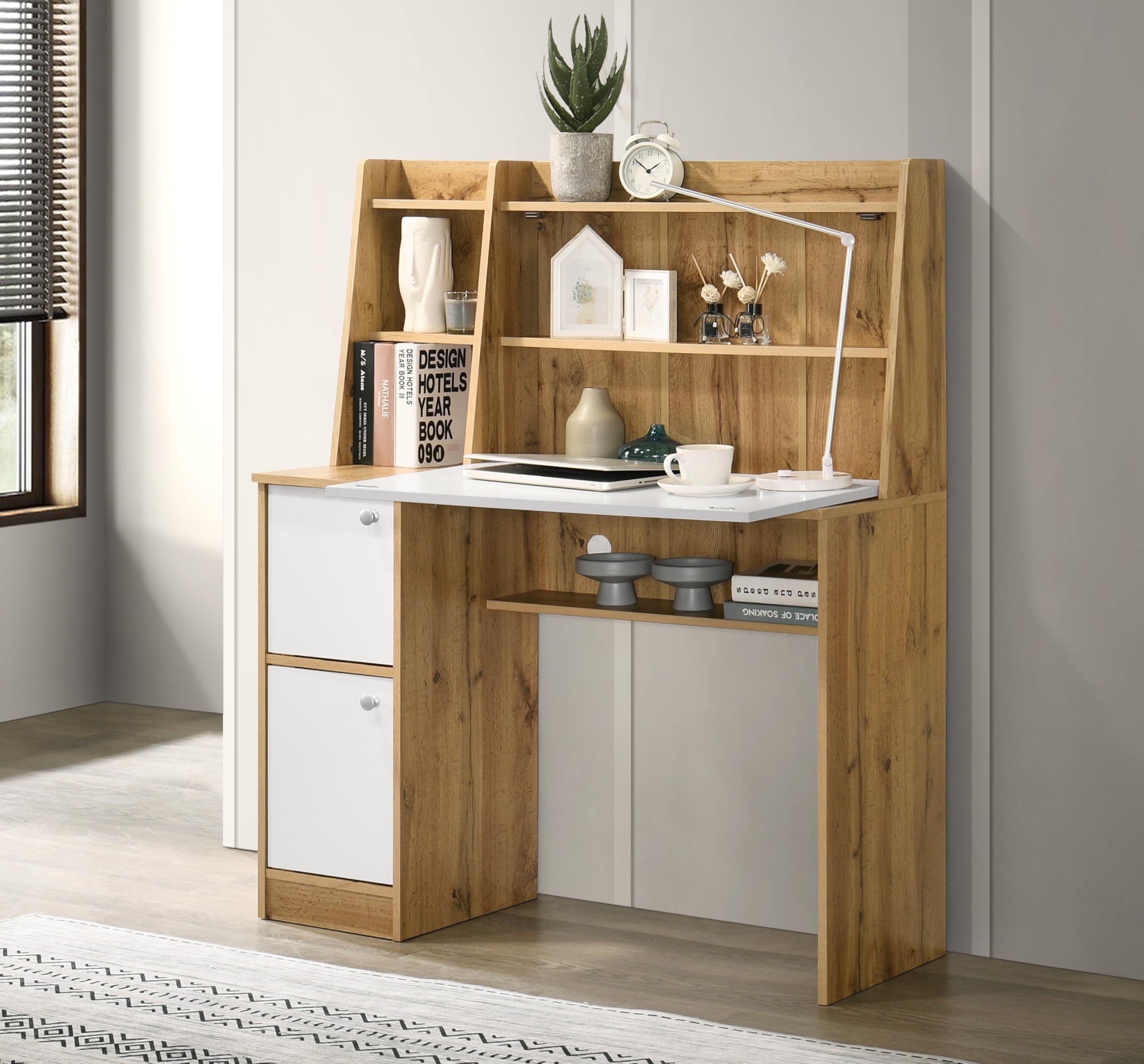 Deckup Aston Home Engineered Wood Study Table And Office Desk (Wotan Oak & White, Matte Finish)