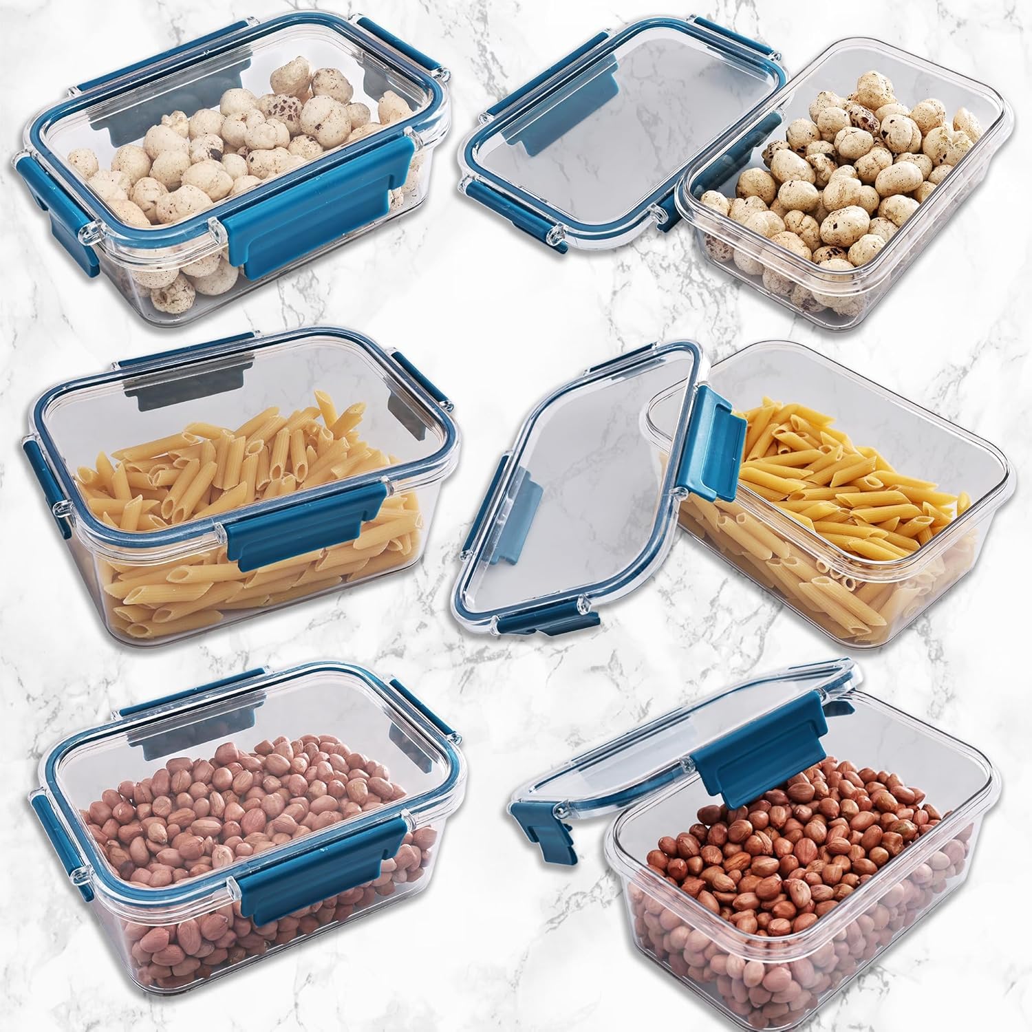 Hirapara Airtight Food Storage Container Set | LeakProof Plastic Containers With Blue Lids | 300Ml 800Ml & 1200Ml | Stackable, 
