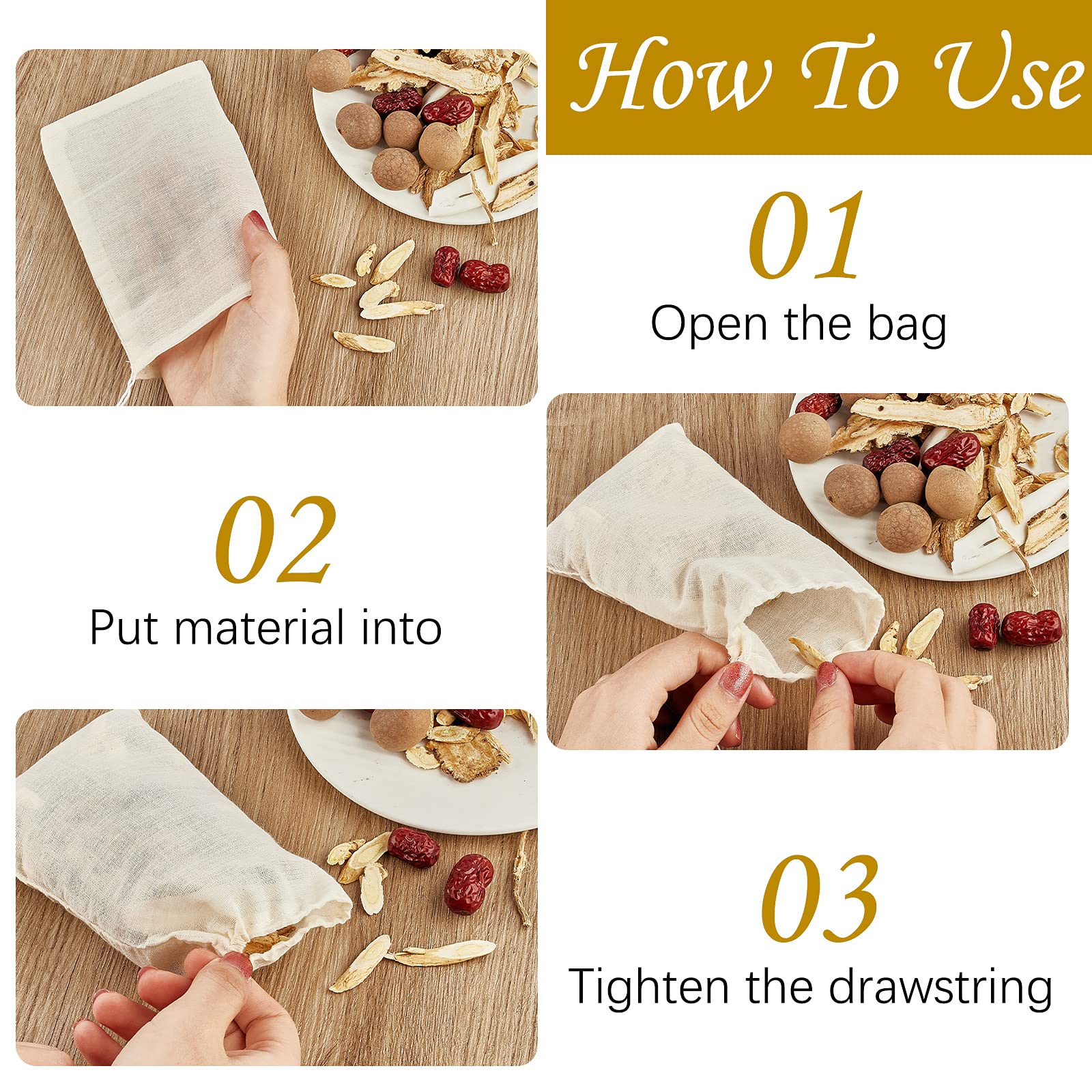 Tuzazo 50 Pack Reusable Tea Bags, Soup Bags, Cheesecloth Bags For Straining, Spice Bags For Cooking, Drawstring Muslin Bags, Sac