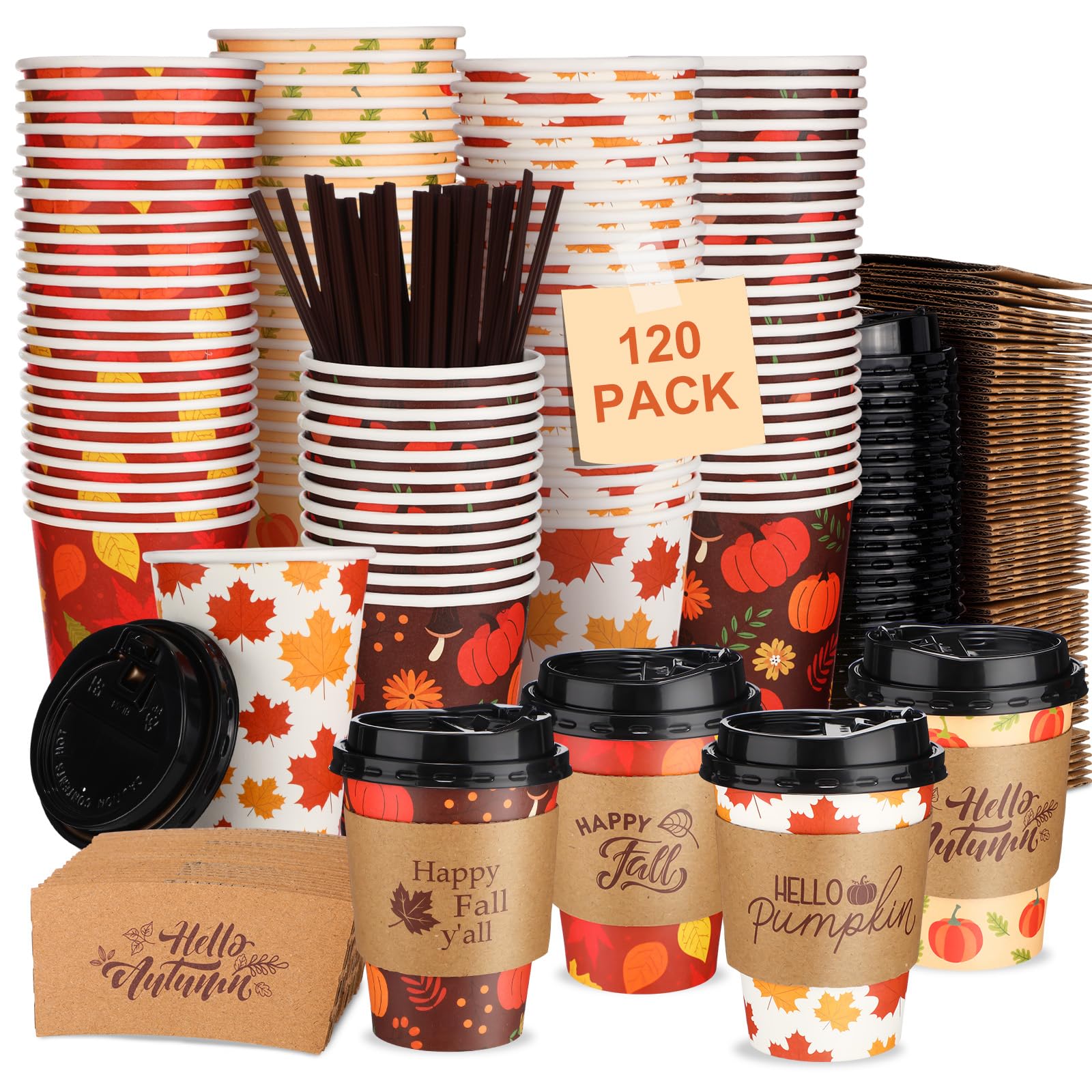 Jingmore 120 Pack 12 oz Fall Disposable Coffee Cups with Lids Sleeves Sticks Autumn Pumpkin Orange Fall Paper Coffee Cups for Dr