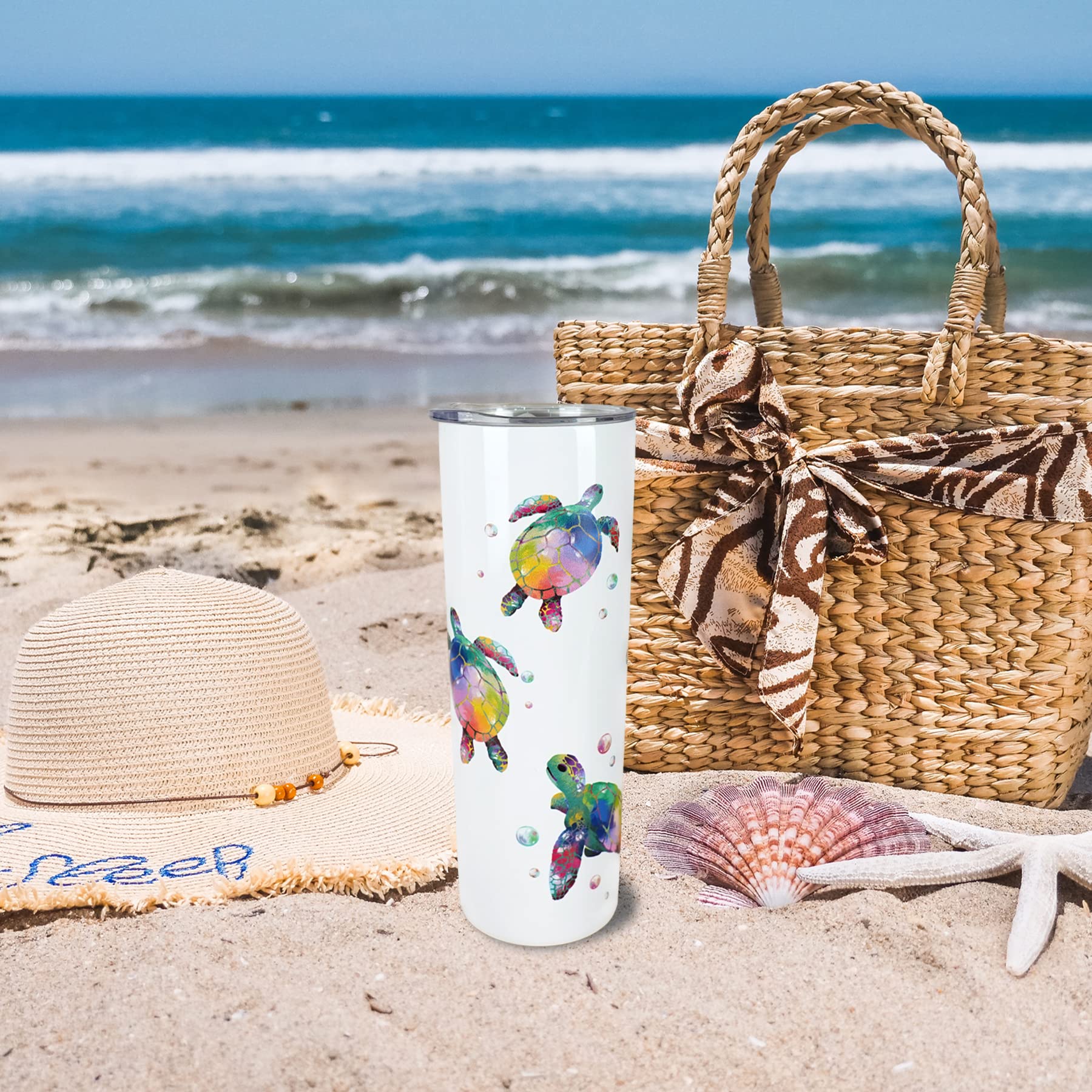 Sea Turtle Gifts - Sea Turtle Tumbler With Lid And Straw - Double Wall Vacuum Stainless Steel 20 Oz Watercolor Ocean Turtle Cup,