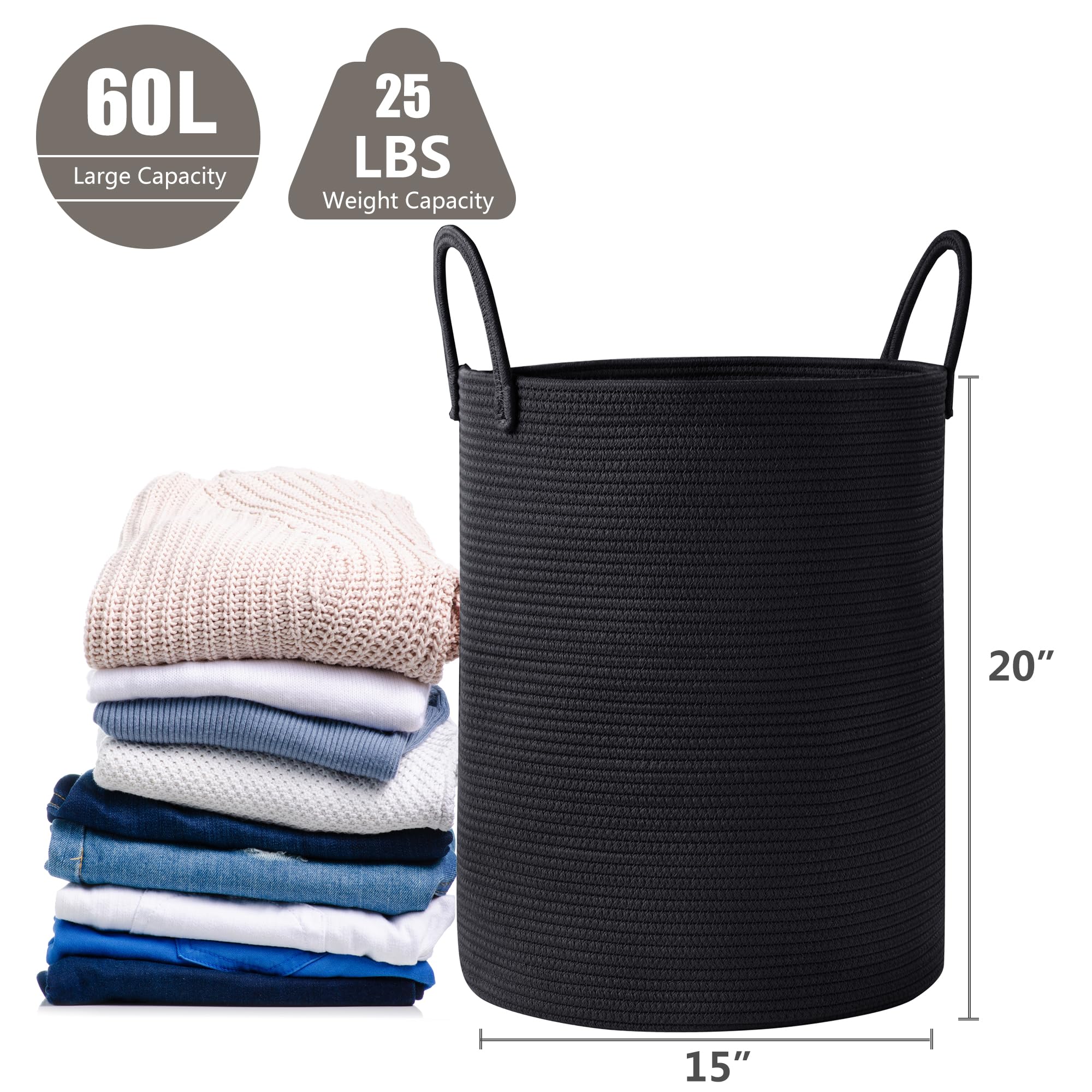Mojoscend Jute Woven Rope Laundry Hamper Basket, 62L Tall Hamper Basket For Blanket Storage, Nursery Clothes Hamper For Laundry