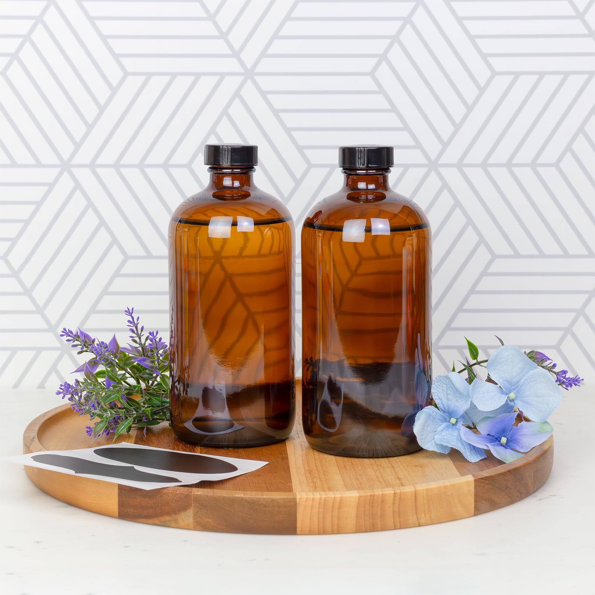 Cornucopia 16oz Amber Glass Bottles with Reusable Chalk Labels and Lids (2 Pack)  Refillable Brown Boston Round Bottles  with Black 28-400 Caps