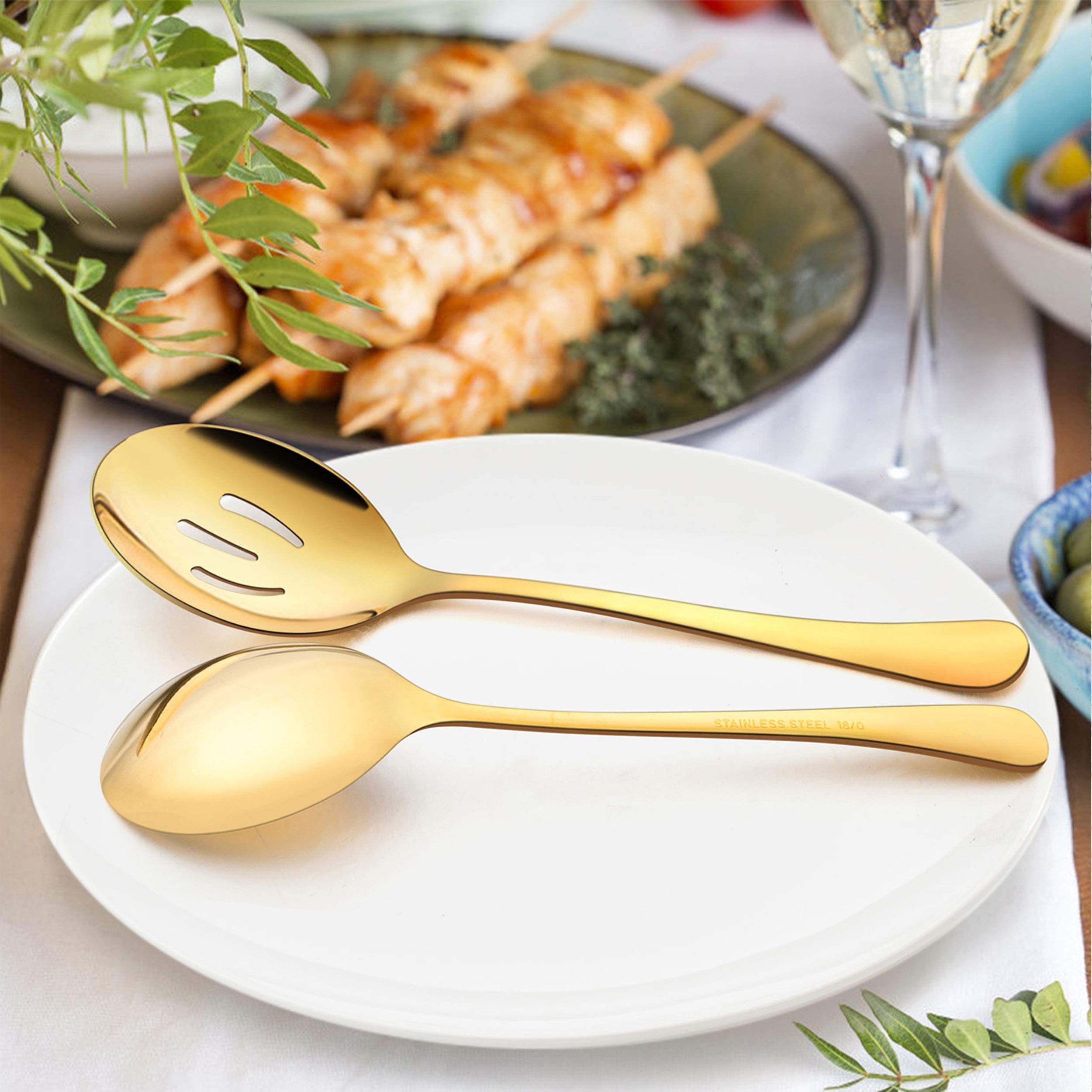 Lianyu 6-Piece Gold Serving Spoons, Gold Slotted Serving Spoons, Stainless Steel Serving Utensils For Party Buffet Restaurant Ba