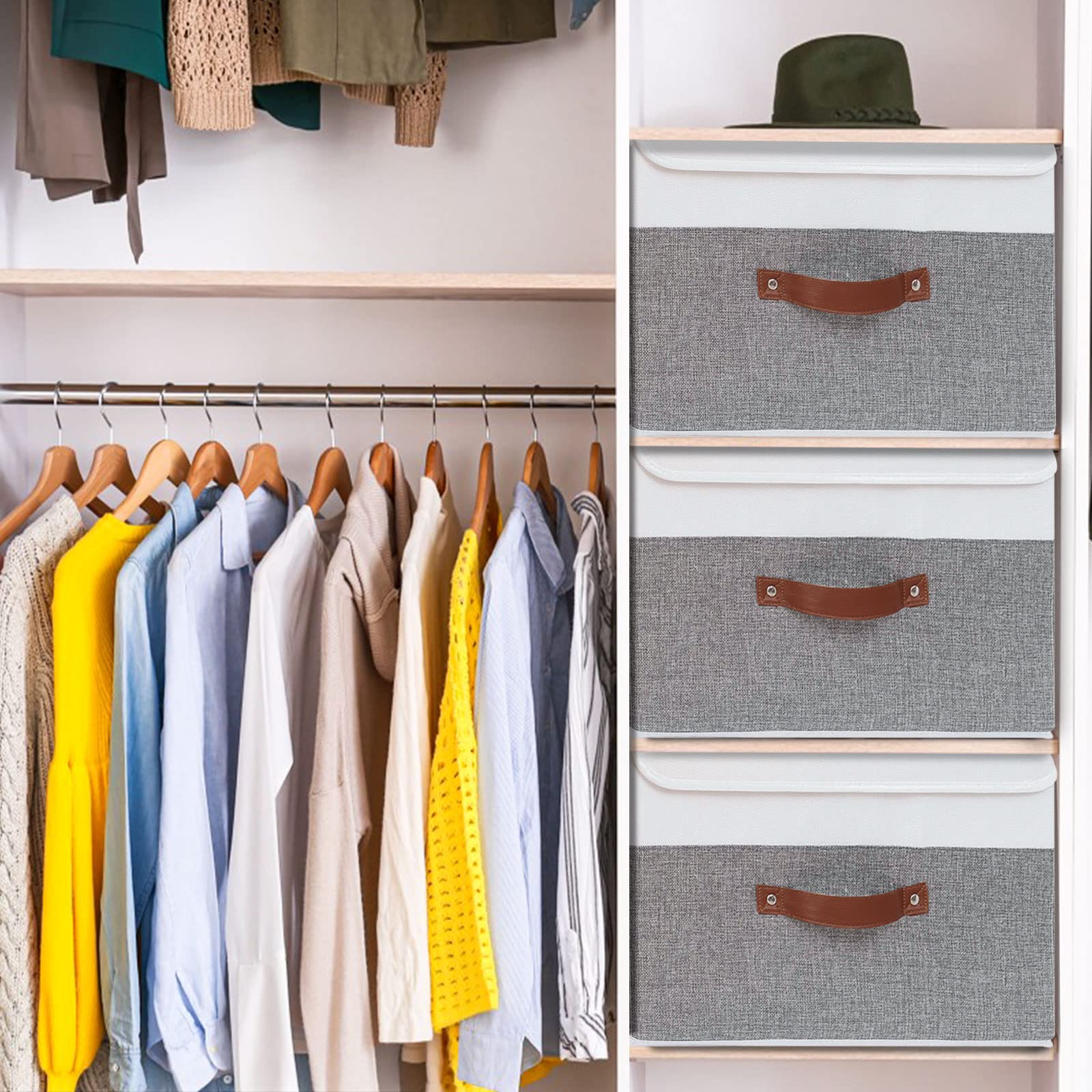 Yawinhe 25 Quart Storage Boxes With Lids, Linen Fabric Storage Bin Cube Organizer Basket, Washable And Leather Handle, For Home,