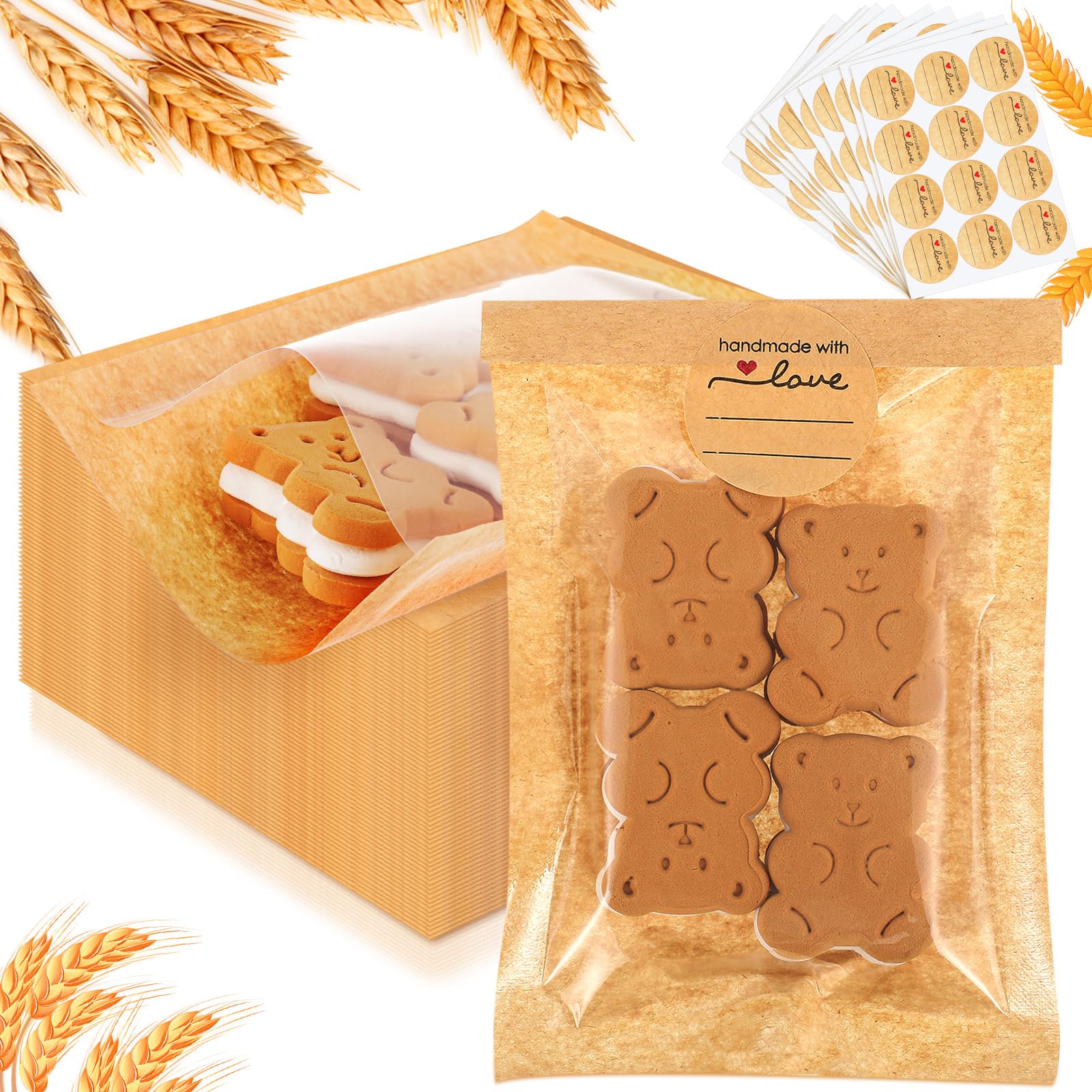 Outus 50 Pcs Heat Sealable Cookie Bags with Window Grease Resistant Kraft Bakery Pastry Bags with Paper Stickers for Packaging D