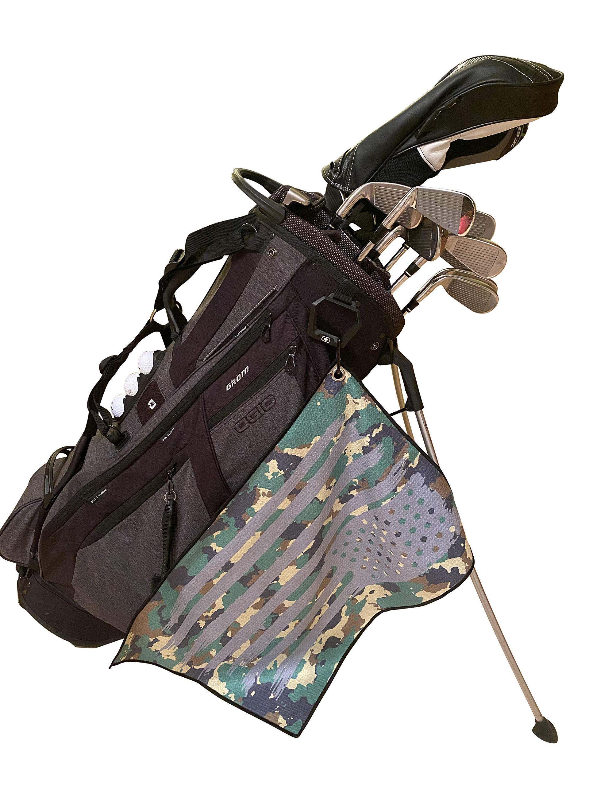 Microfiber Golf Towel - Thin Green Line Military Camo American Flag Graphic Golf Towel with Carabiner