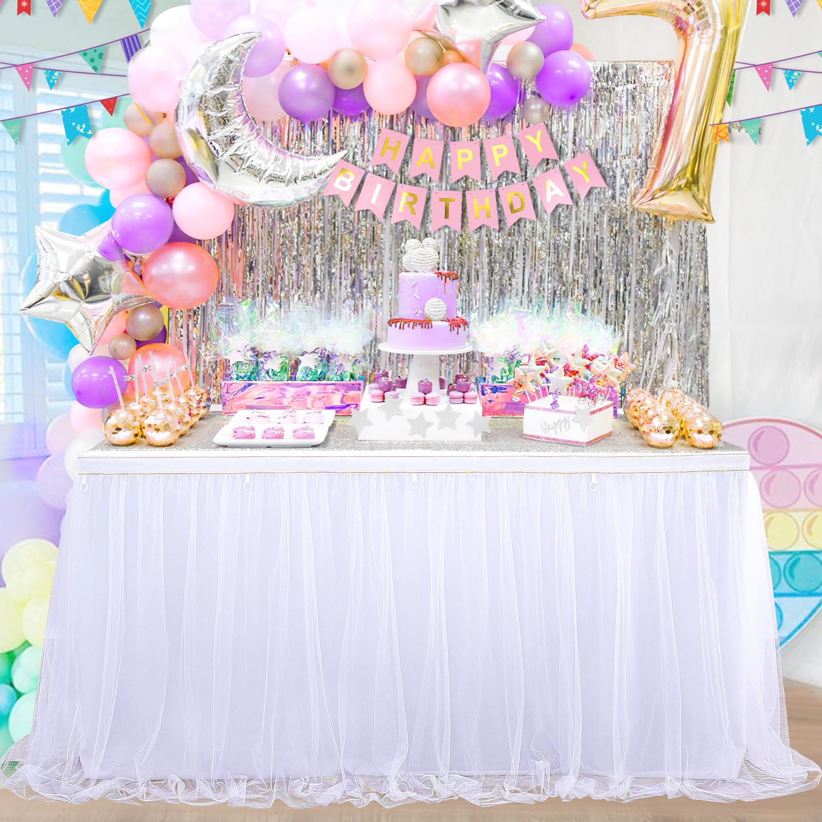 White Tulle Table Skirt For Rectangle Tables 6Ft Table Skirting 2 Layer Birthday Party Tutu Table Cloth For Baby Shower Party Su
