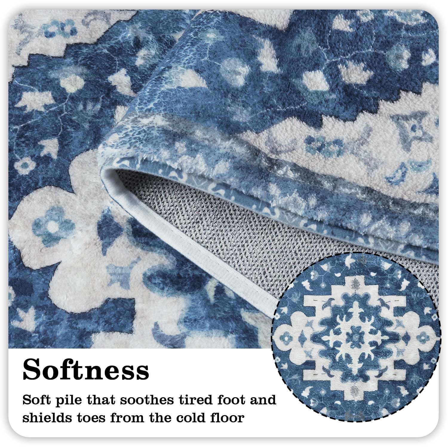 Uphome Vintage Bathroom Runner Blue Boho Non-Slip Long Bath Mat Oriental Soft Machine Washable Bedroom Rug Traditional Tribal Fl