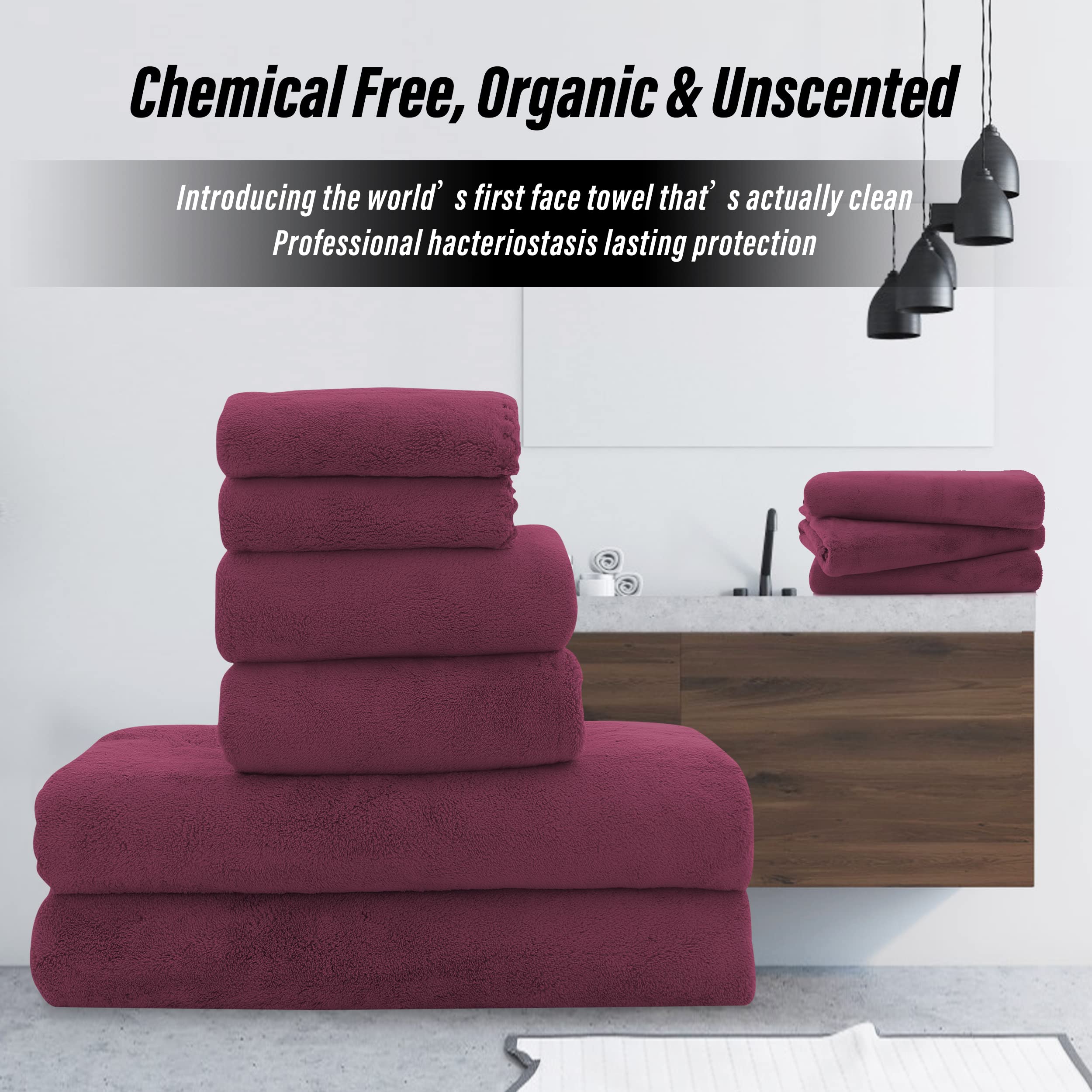 Moonqueen Ultra Soft Microfiber Coral Velvet Towel Set - Quick Drying, 2 Bath Towels, 2 Hand Towels, 2 Washcloths - Burgundy, 6