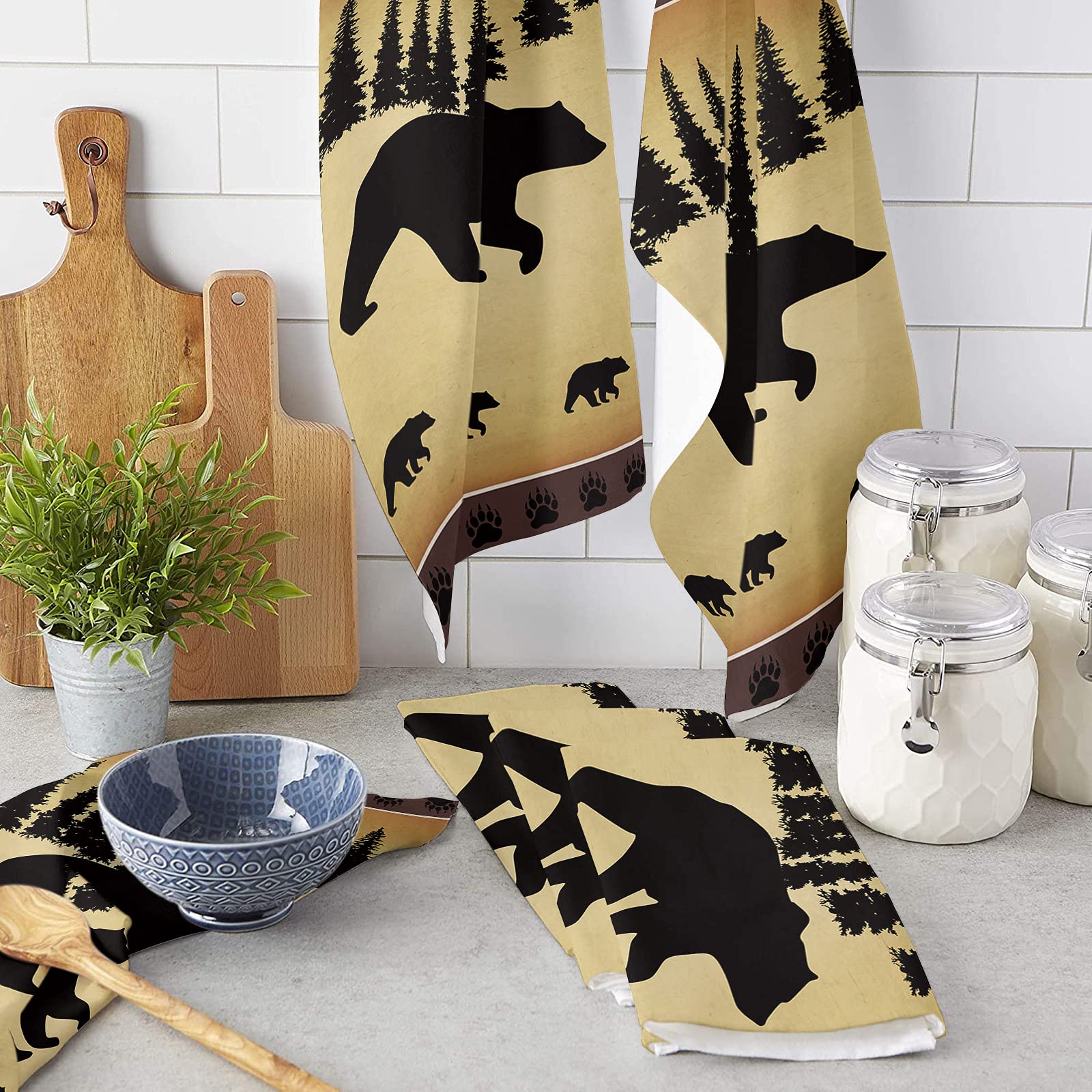 Hokiten Kitchen Towel Set, Black Bear Forest Silhouettes Fast Drying Microfiber Kitchen Towels Dish Cloths, Tea Towels/Bar Towel