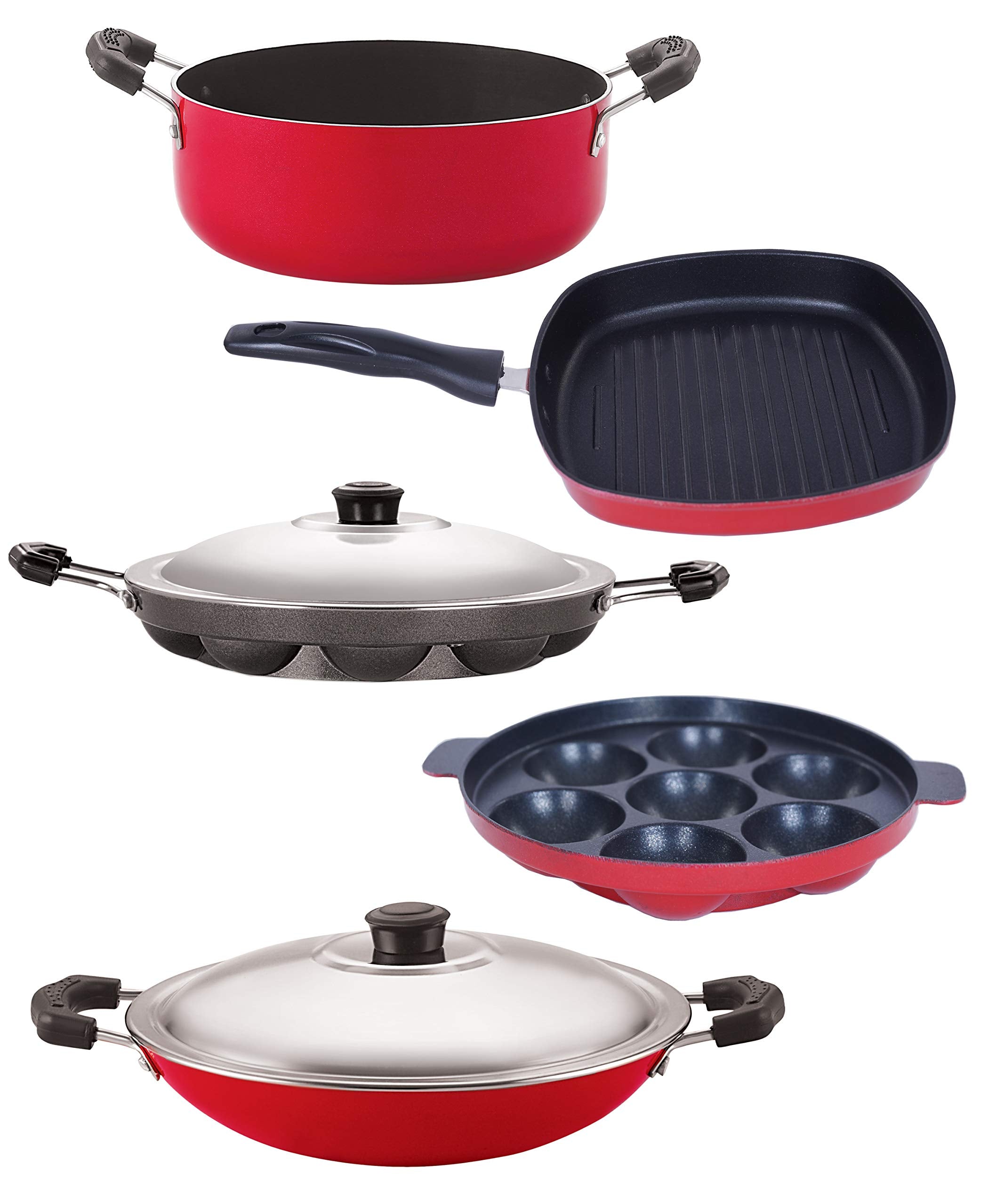 Nirlon NonStick Aluminium Cookware Set, 5Pieces, Red And Black (Ap7_Ap12_Ac_Gp22.5_Cass20)