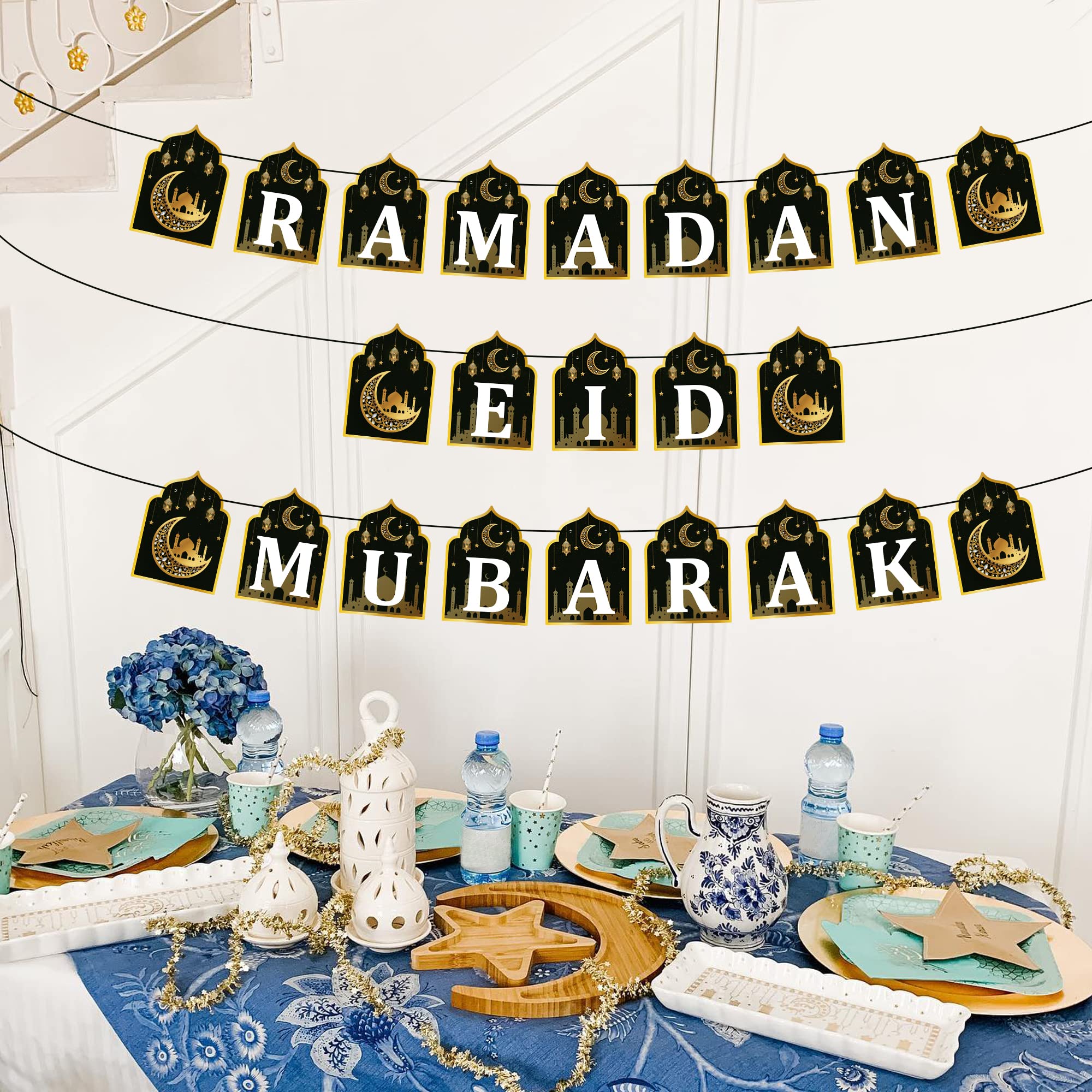 Watinc 2 In 1 Ramadan Banner Eid Mubarak Decoration, Ramadan Kareem Hanging Banners Decor, No Diy Needed Eid Al-Fitr Iftar Party