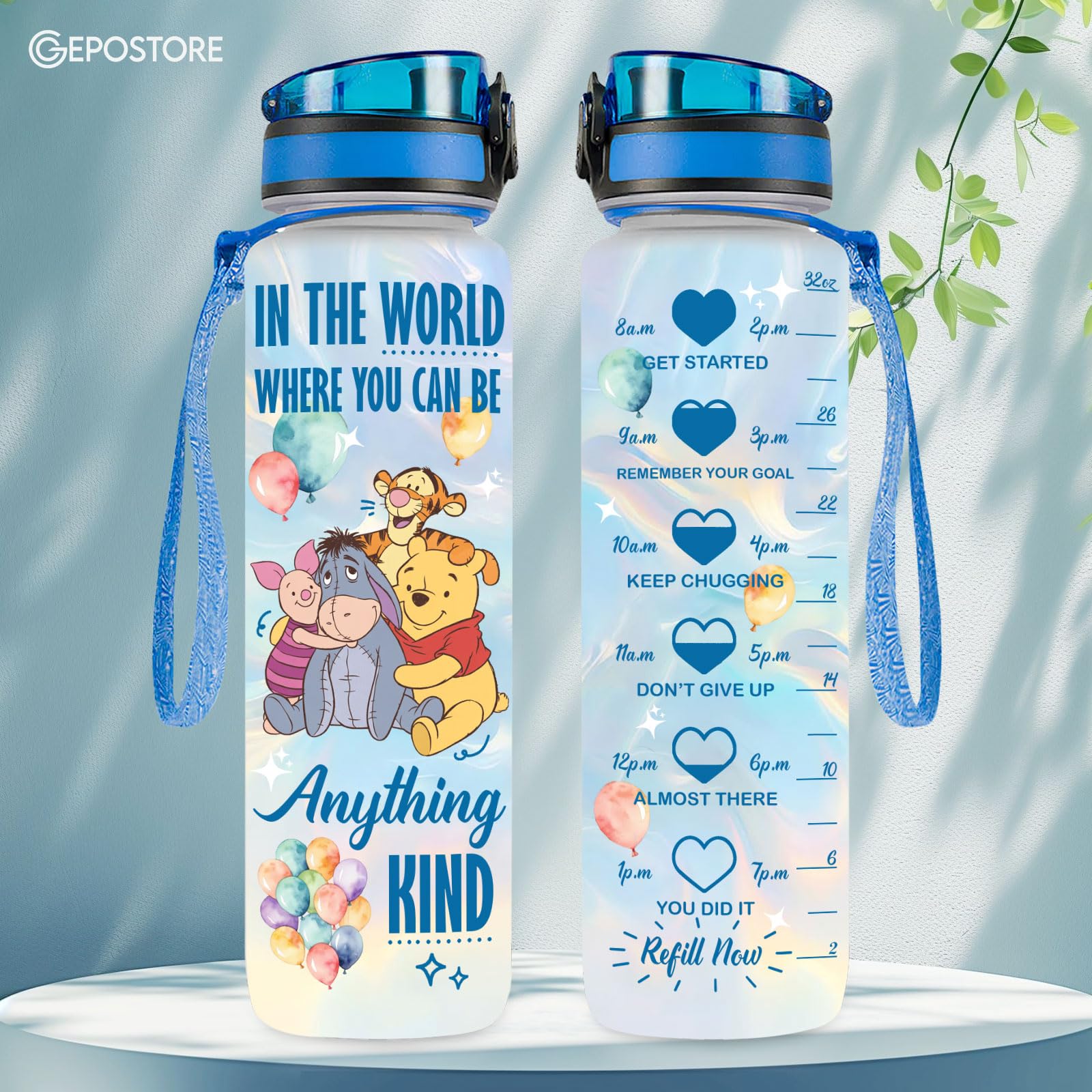GEPOSTORE 32oz Water Bottle with Time Marker - Cute Cartoon Motivational Water Tracker Bottle for Kids Girls Women - BPA-Free Le