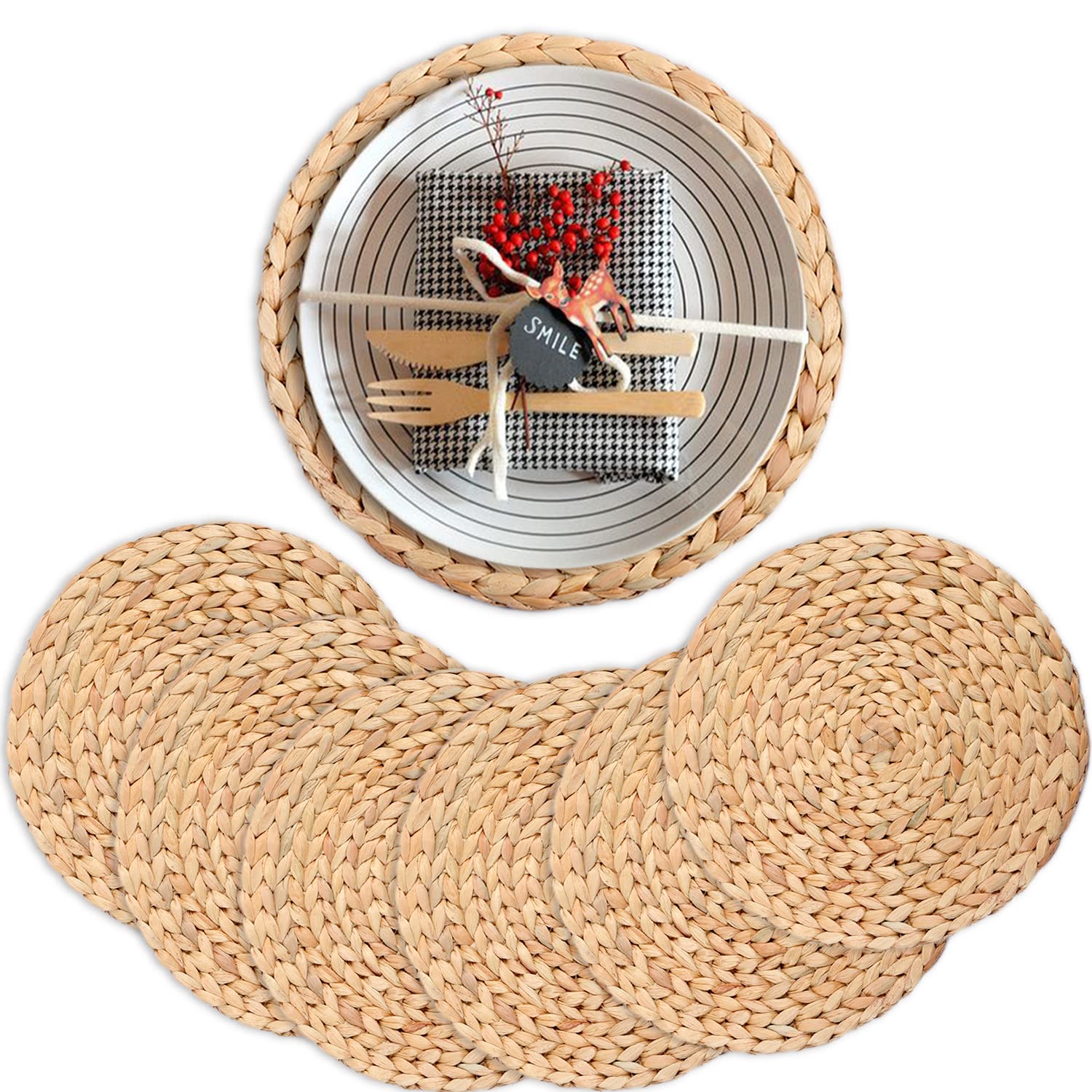 Boho Placemats For Dining Table Set Of 6, Water Hyacinth Placemats For Round Table, Round Placemats For Round Tables, Woven Plac