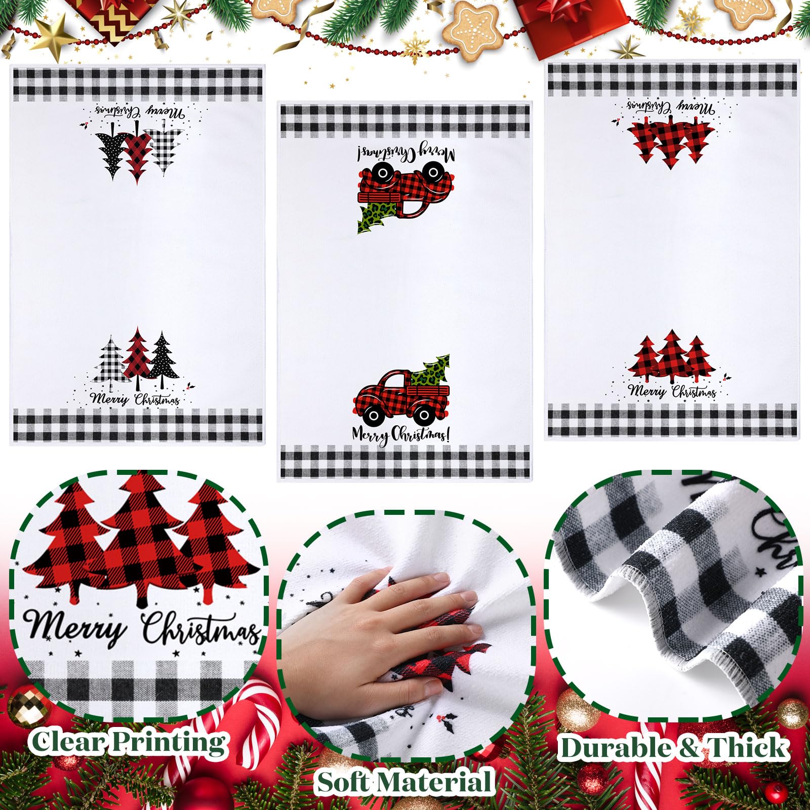Newwiee 7 Pcs Christmas Bathroom Set Xmas Shower Curtain, Non-Slip U Shape Rug, Toilet Lid Cover, Bath Mat And 3 Washcloth Bathr