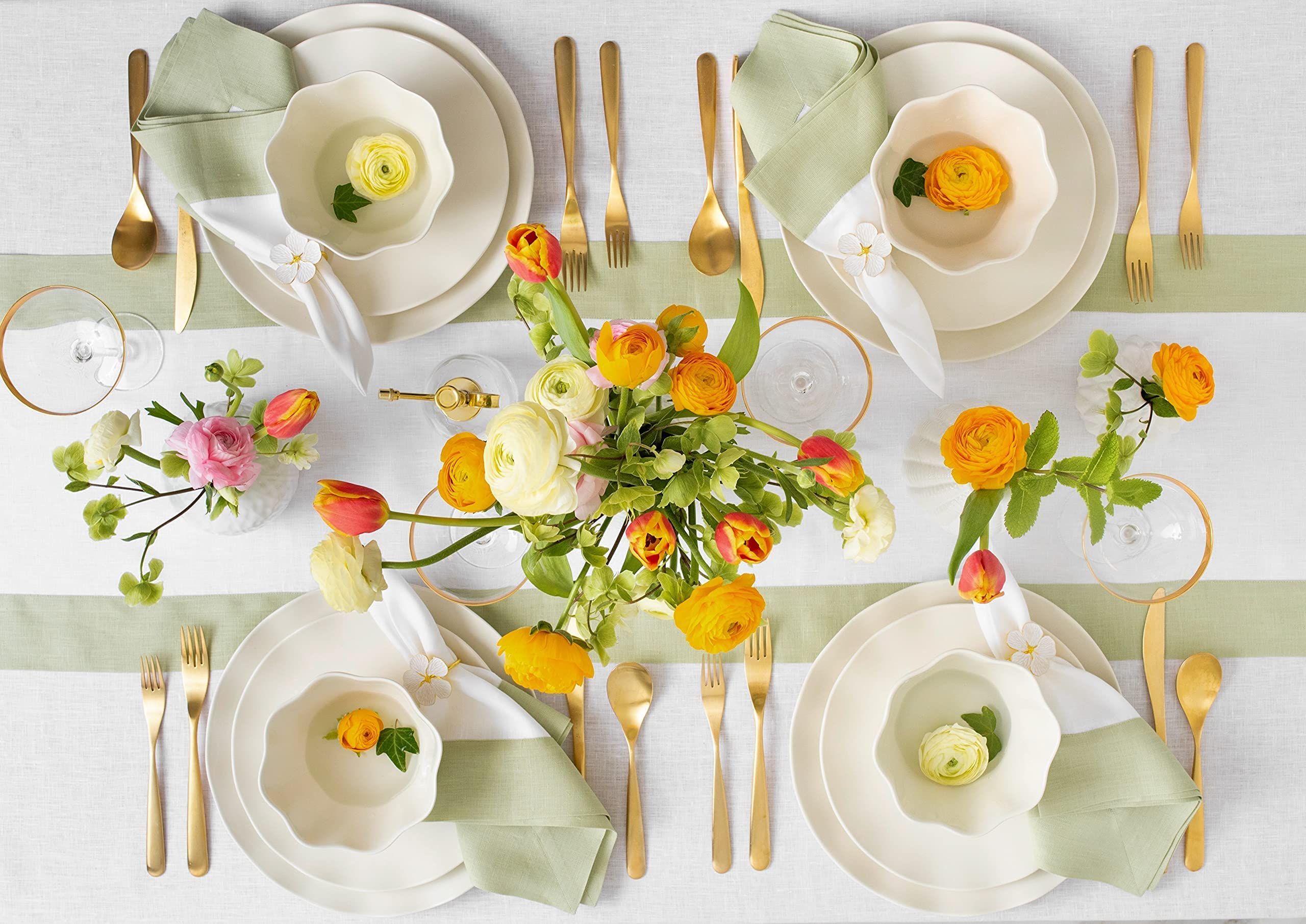 Solino Home Linen Table Runner 14 x 120 Inch - 100% Pure Linen Sage Green and White Table Runner for Spring  Summer  Dining - Contempo  Handcrafted from European Flax and Machine Washable
