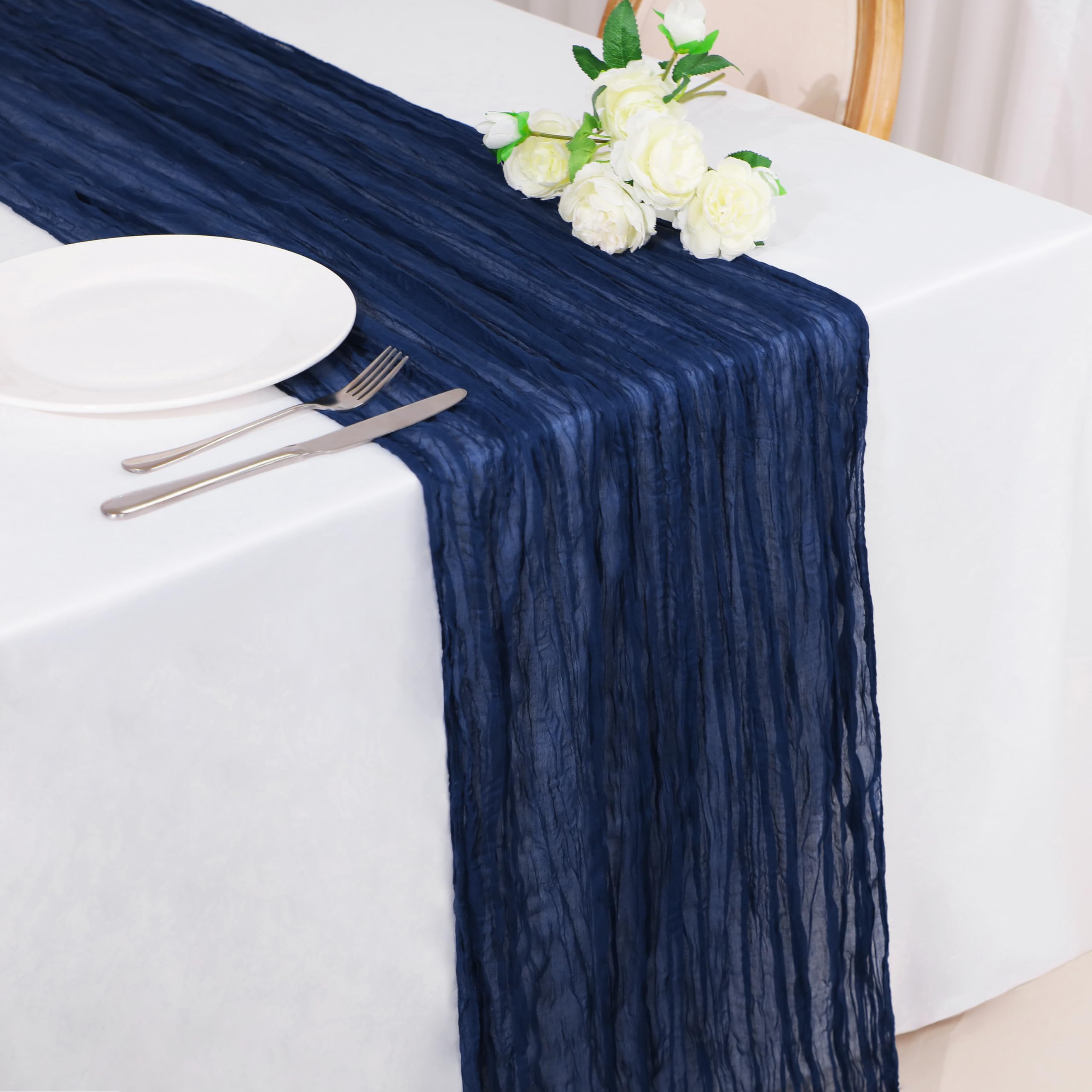 Snowkingdom 13Ft Navy Blue Cheesecloth Table Runner, 160Inch Long Cheese Cloth Boho Gauze Table Runner For Wedding Bridal Baby S