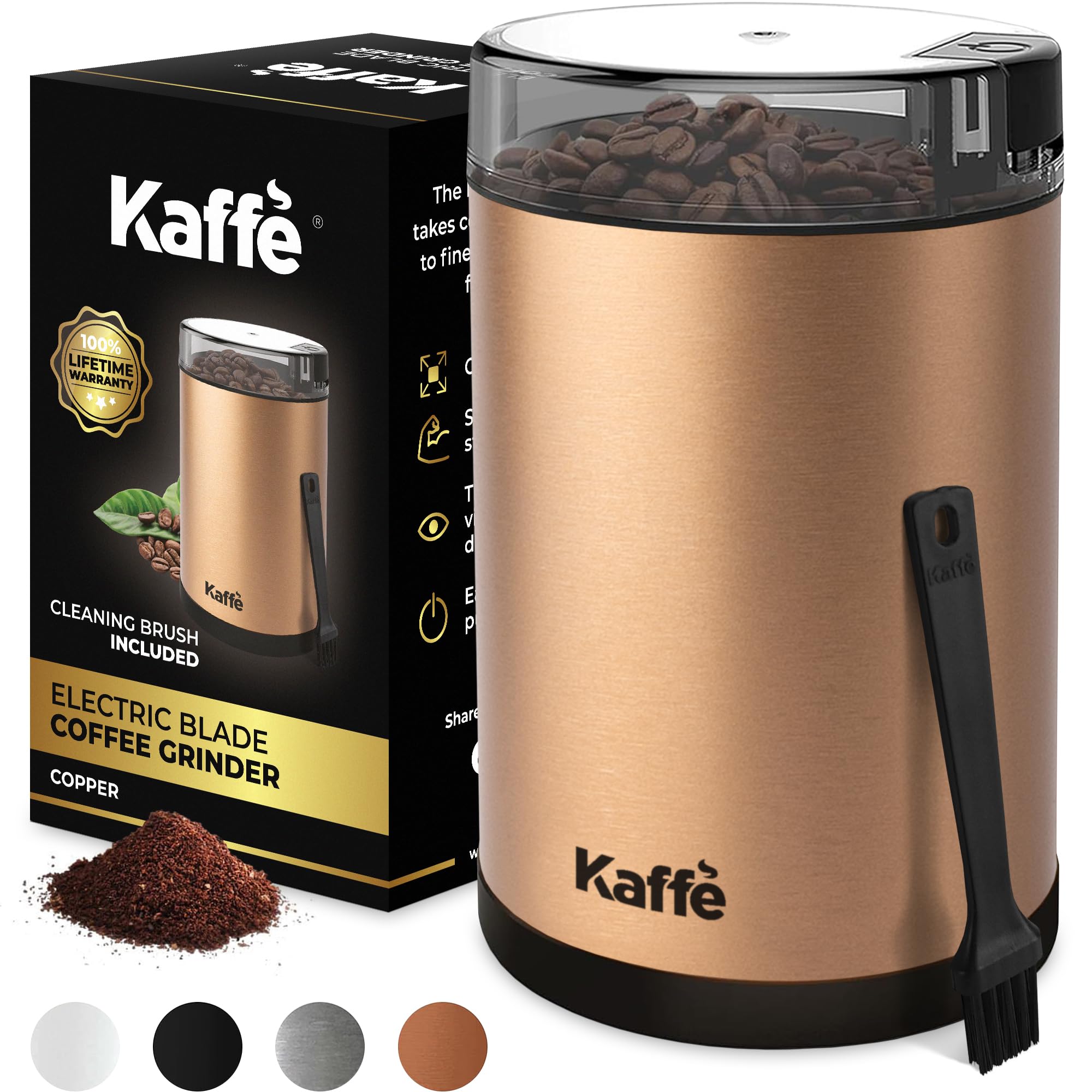 Kaffe OneTouch Coffee Grinder Electric w/Cleaning Brush (3 oz)  Stainless Steel  Coffee Grinders for Home Use  Up to 12 Cups