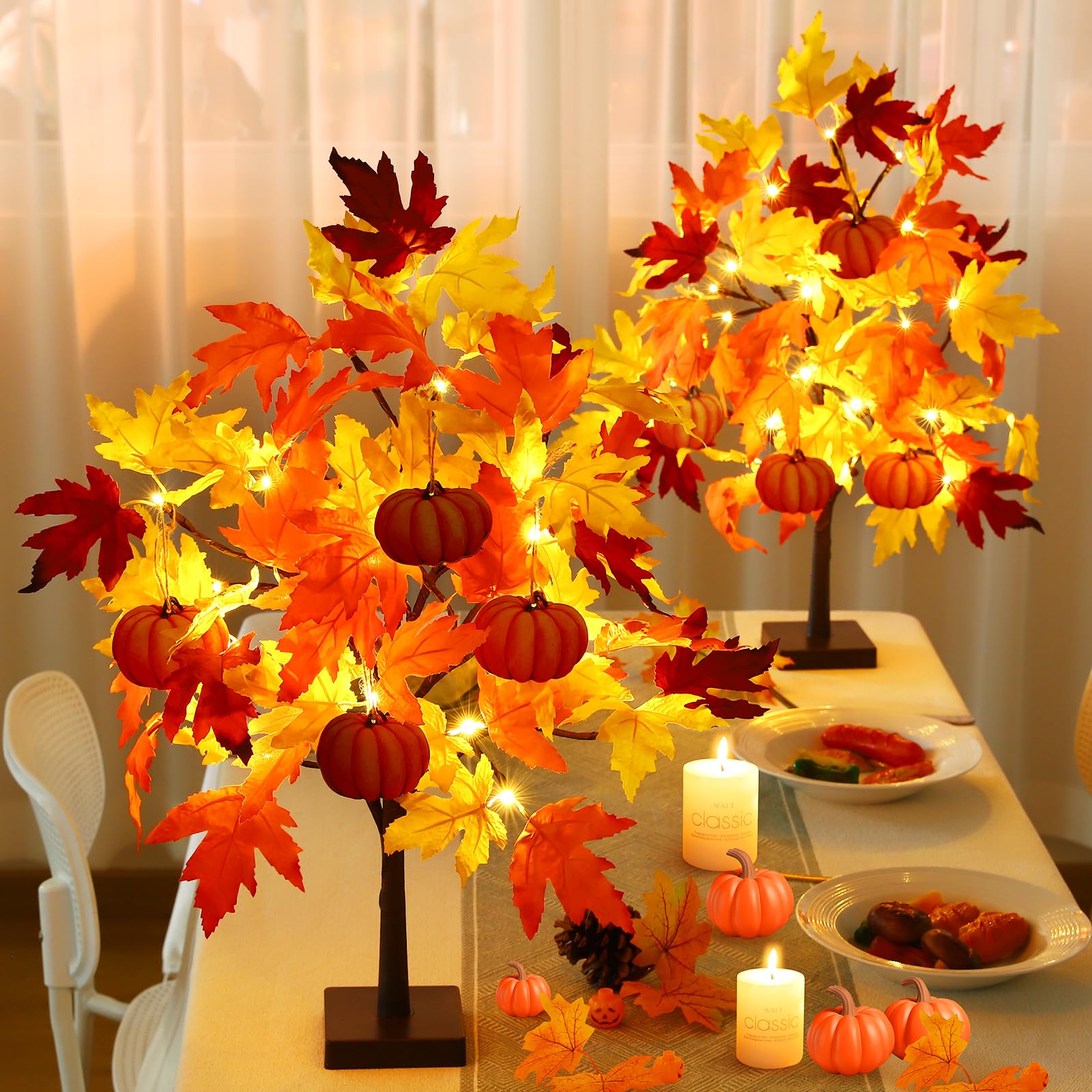 Fall D  cor 2 Pack 24 Inch Fall Maple Tree with 48 LEDs Battery Operated Fall Lights with 8 PCS Pumpkin Wooden Hanging Ornaments