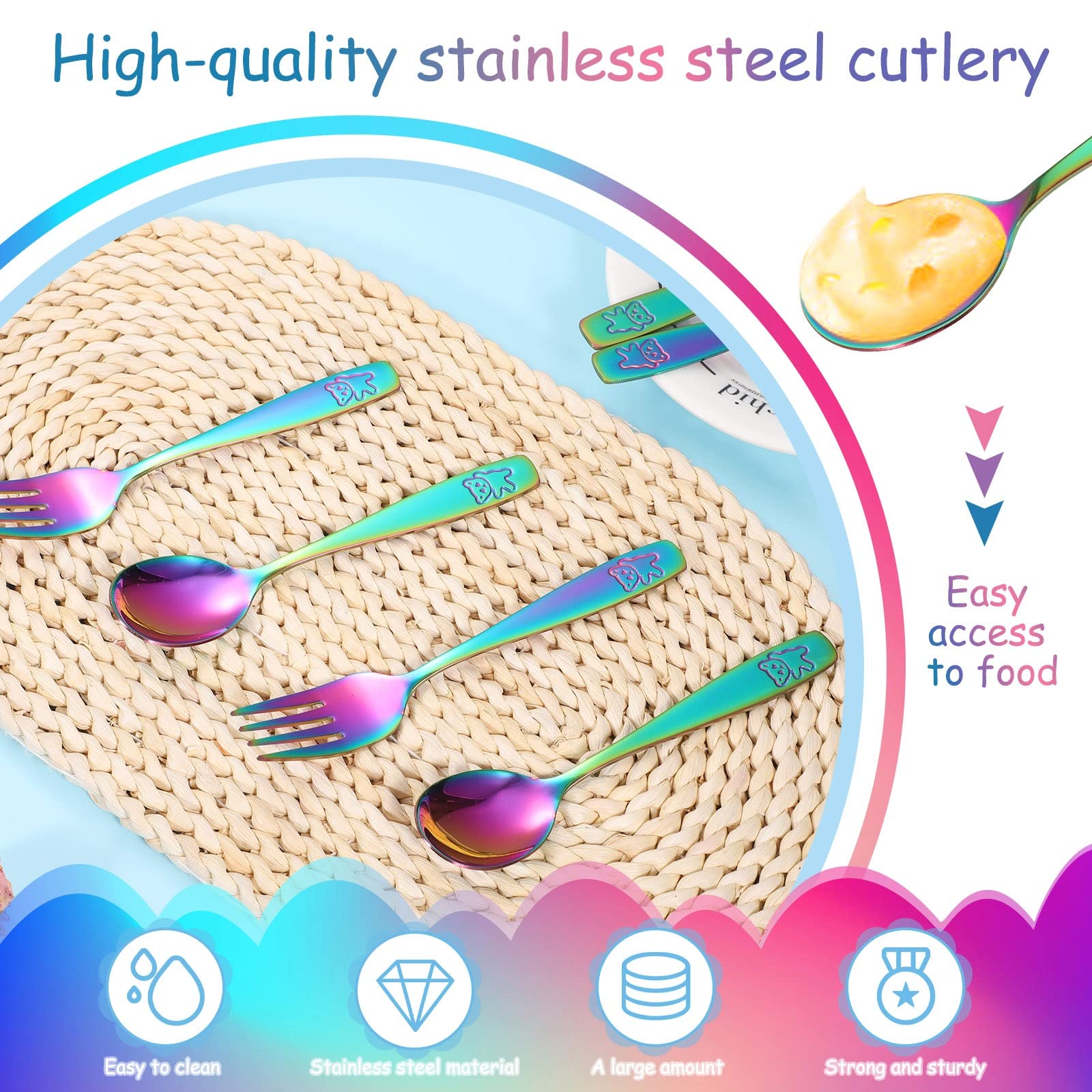 6 Pieces Toddler Utensils Kids Rainbow Silverware Stainless Steel Toddler Forks and Spoons Set, Metal Childrens Safe Flatware Ch