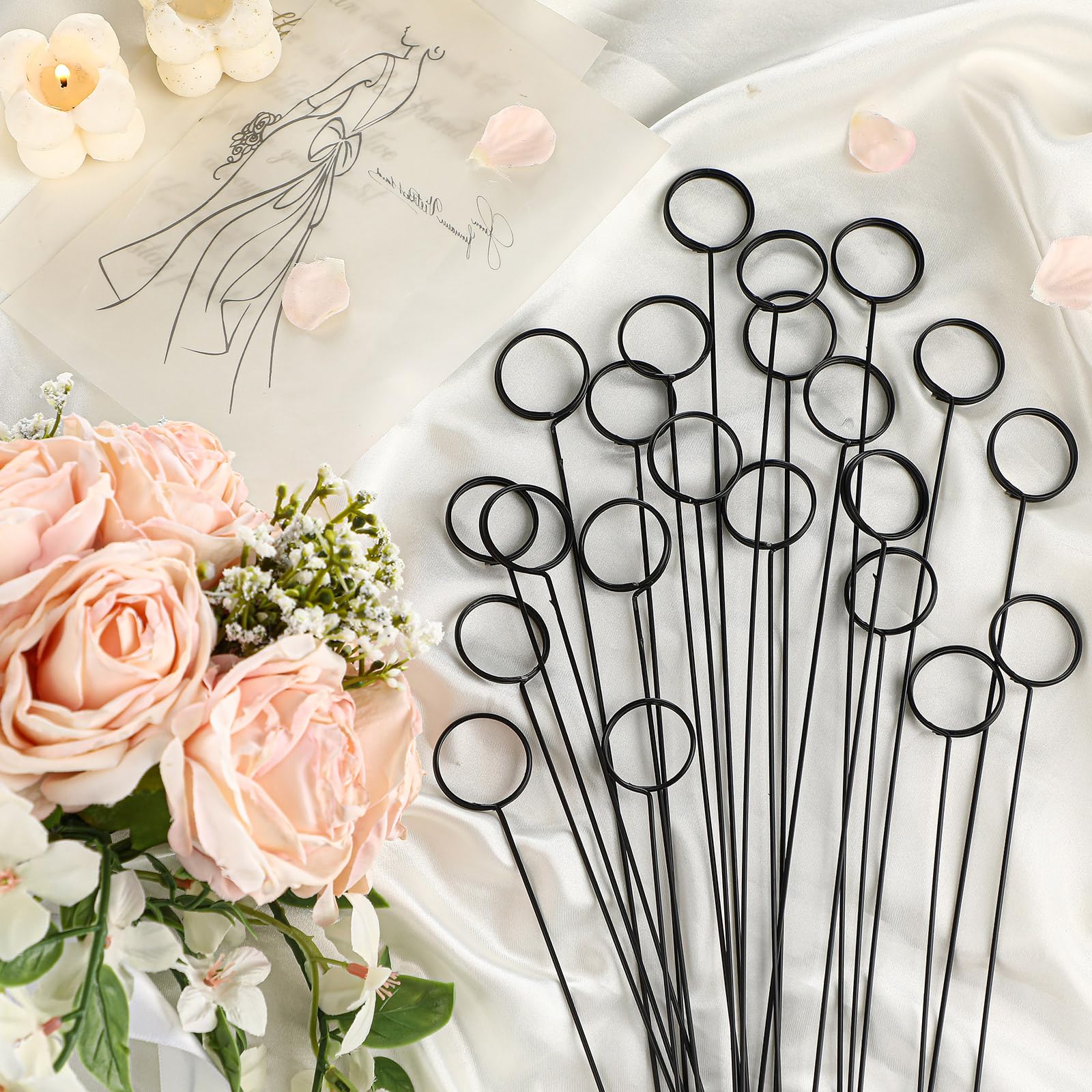 Hotop 30 Pcs Floral Card Holder Pick Metal Wire Flower Place Card Stick 13.4 in Picture Photo Memo Holder Round Floral Gift Stic