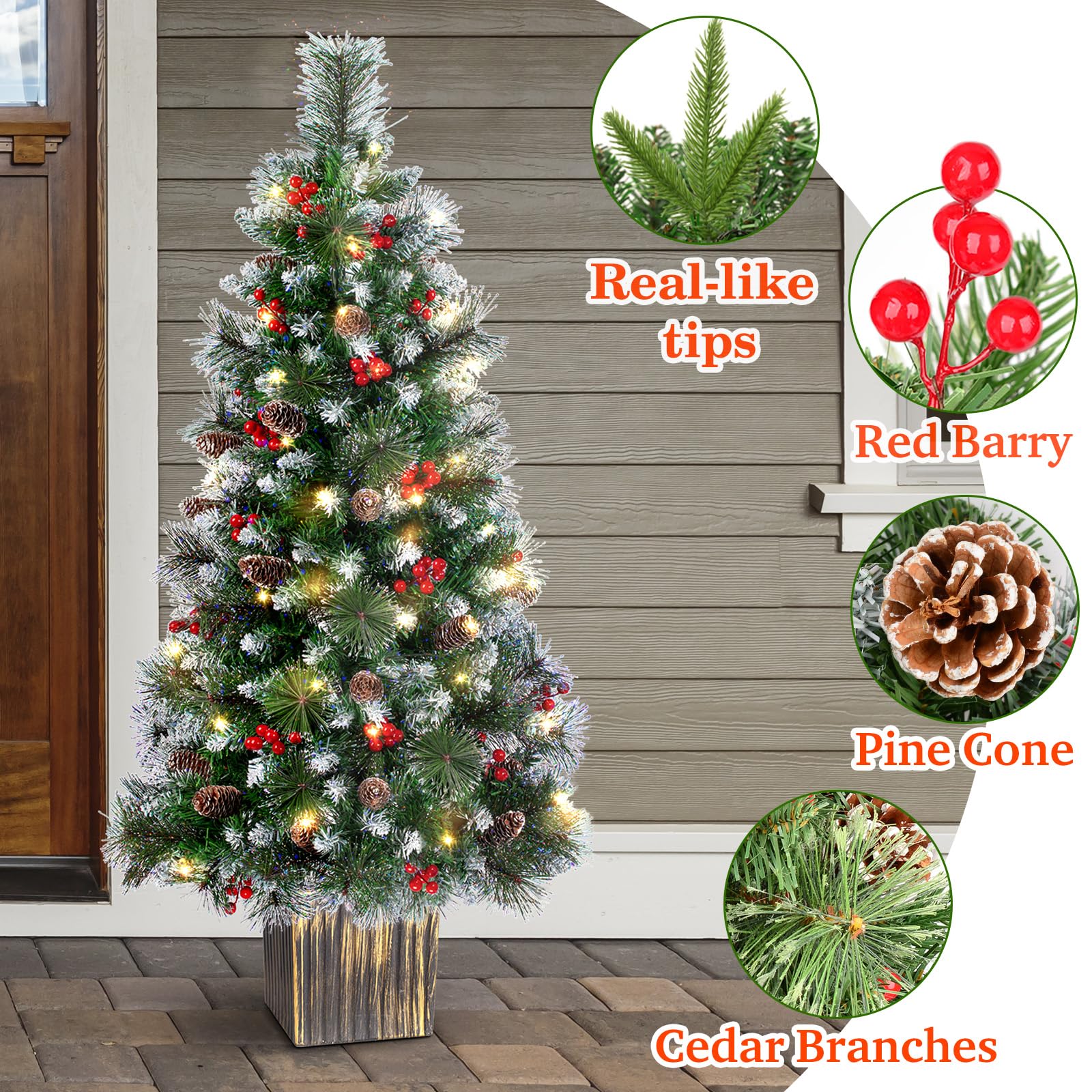 LAVEVE 4FT Outdoor Christmas Tree with Lights in Vintage Potted Base, Battery Operated Xmas Tree with Snow-Touched Branches, 100
