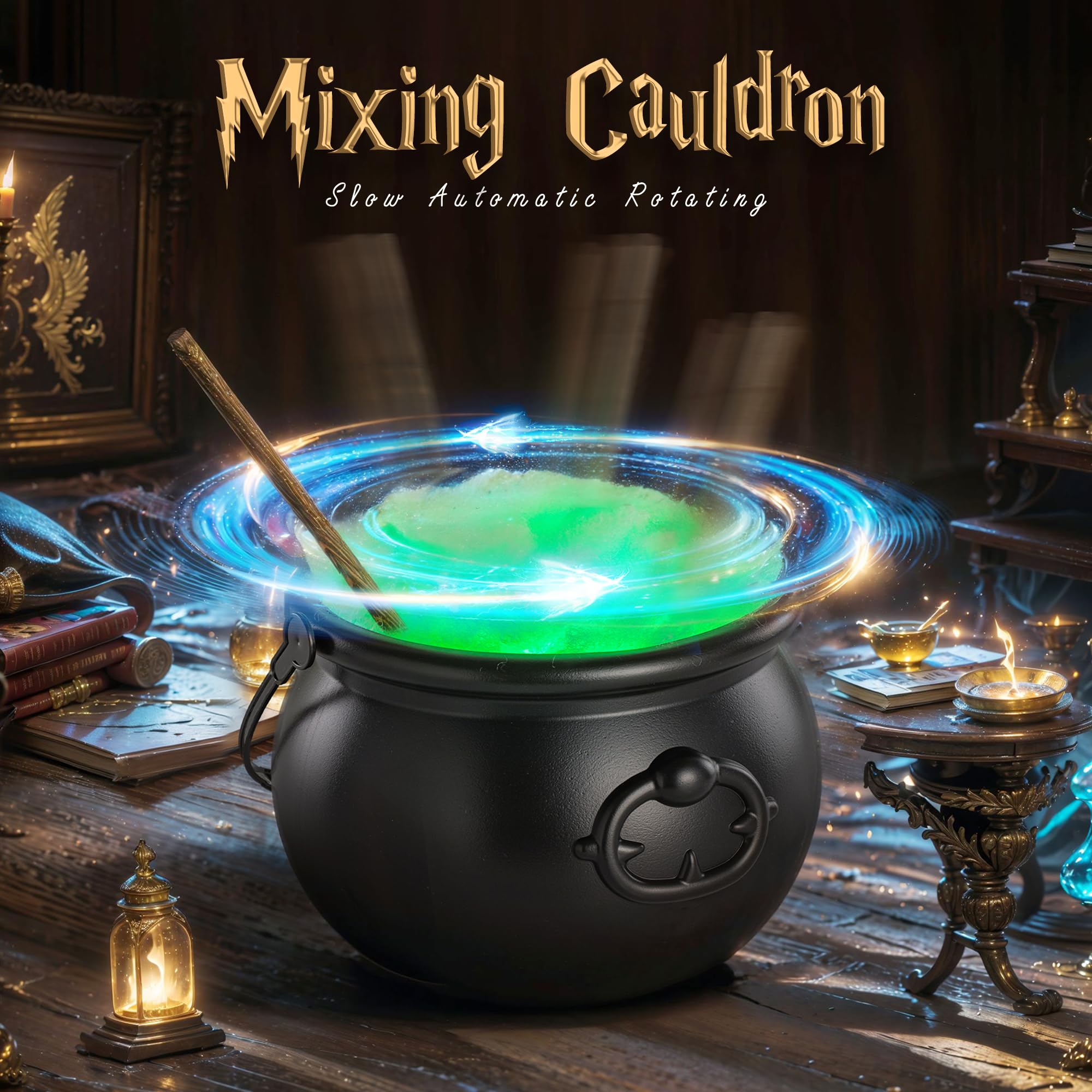 Zidmo Halloween Decorations Indoor - Magic Auto Mixing Witches Cauldron - Black Plastic Punch Bowl Decor with Light String, Time