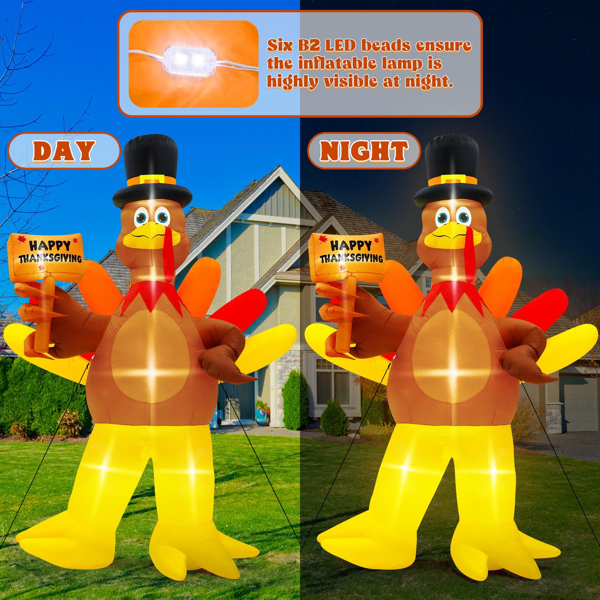12FT Inflatable Turkey, LED Lighted Turkey Holding Happy Thanksgiving Sign for Fall Autumn Outdoor Yard Lawn Harvest Decor