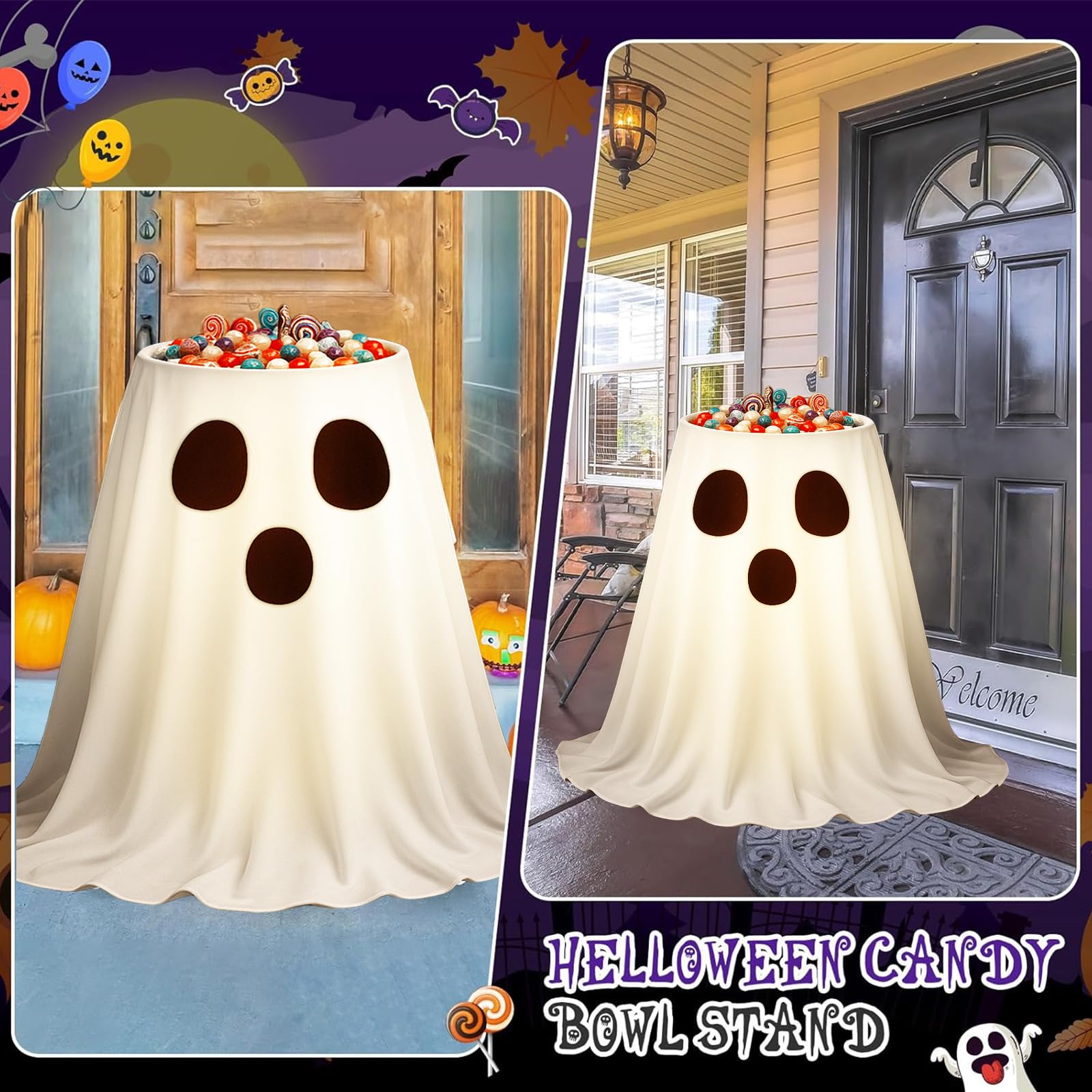 Fanfanwin Halloween Ghost Lighted Decorations Outdoor Indoor, Cute Ghost Candy Bowl Stand Large, Outdoor Pedestal Bird Bath Vint