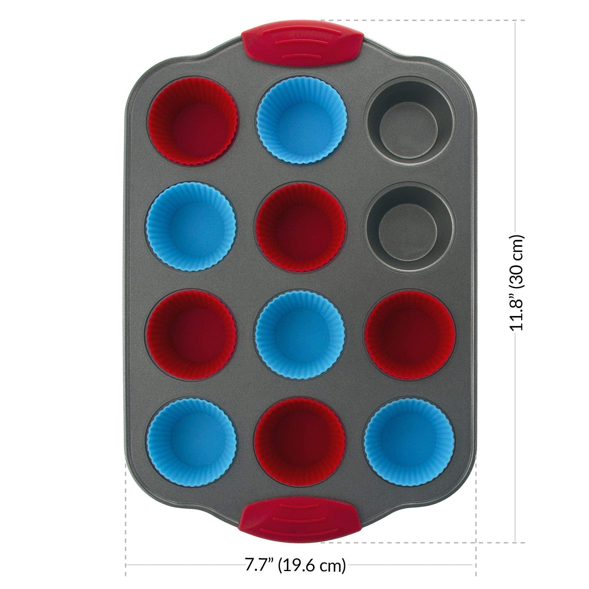 Boxiki Kitchen 12 Cup Mini Muffin Pan With Silicone Muffin Liners (Set Of 12). Professional Cupcake Pan For Baking Muffin Mold,