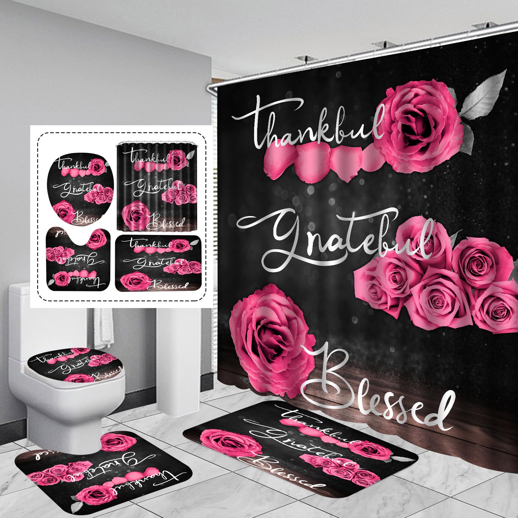 4Pcs Pink Rose Shower Curtain Sets, Thankful Grateful Blessed Bathroom Curtain With Non-Slip Rug, Toilet Lid Cover, Bath Mat And