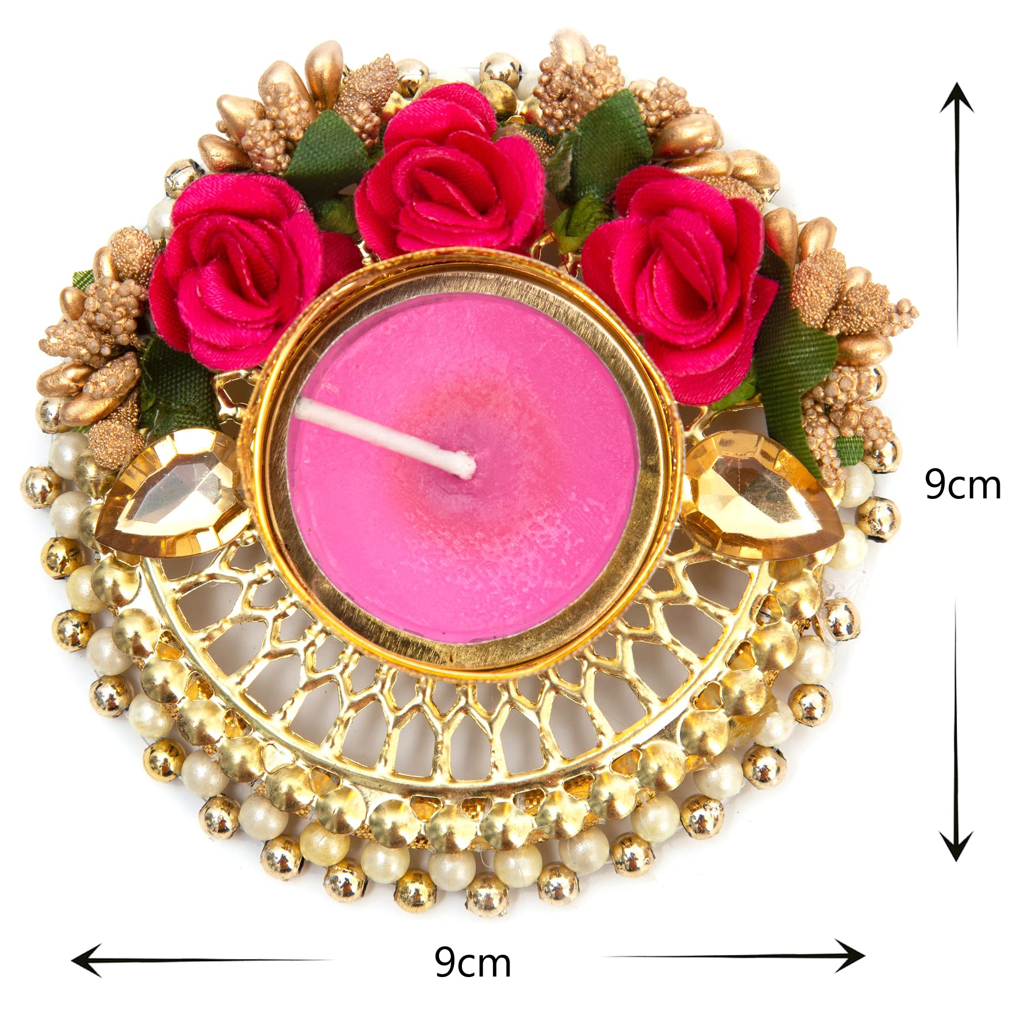 HomeSquare Tealight Holder Decorative Diwali Diya with Artificial Flowers & Tealights (Pack of 4)