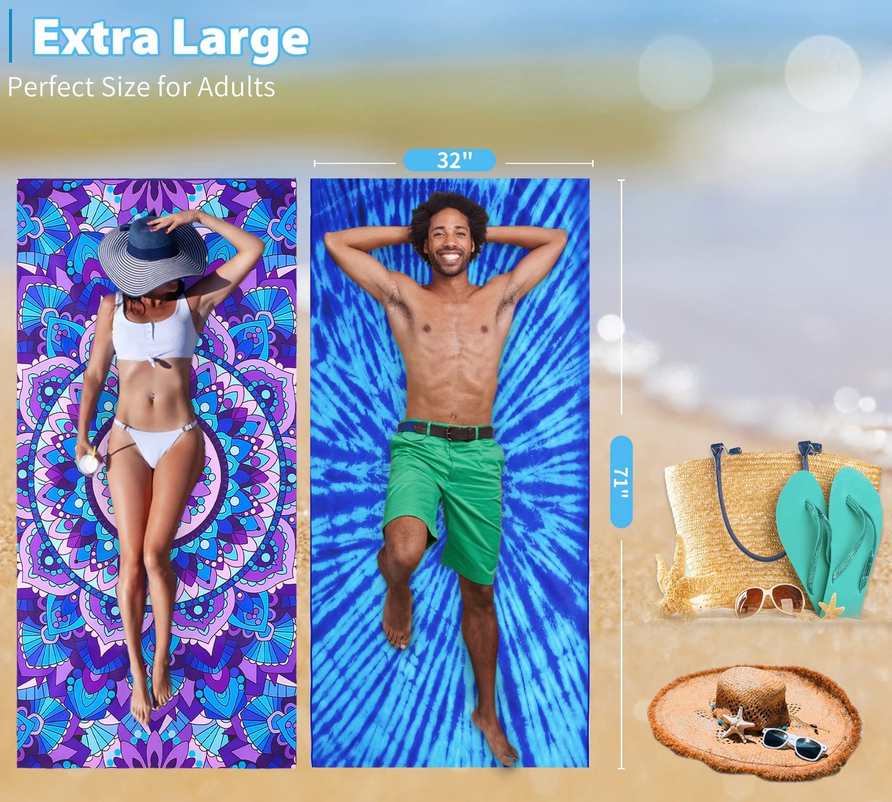 6 Pack Microfiber Thin Lightweight Beach Towel Oversized 71X32 Extra Large Sand Free Towels For Travel Swim Pool Yoga Gym Campin