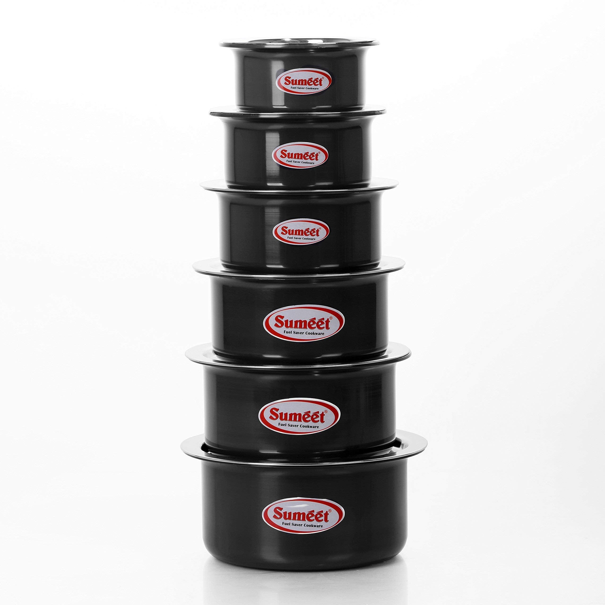 Sumeet Aluminium Anodized Tope Set, 0.5L, 0.9L, 1.4L, 1.8L, 2.3L, 2.9L, 6 Piece (Black), 1.4 Liter