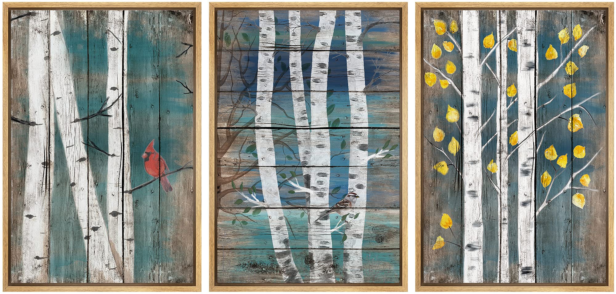 Signwin 3 Piece Framed Canvas Wall Art Wild Flowers On Wood Background Canvas Prints Home Artwork Decoration For Living Room,Bed