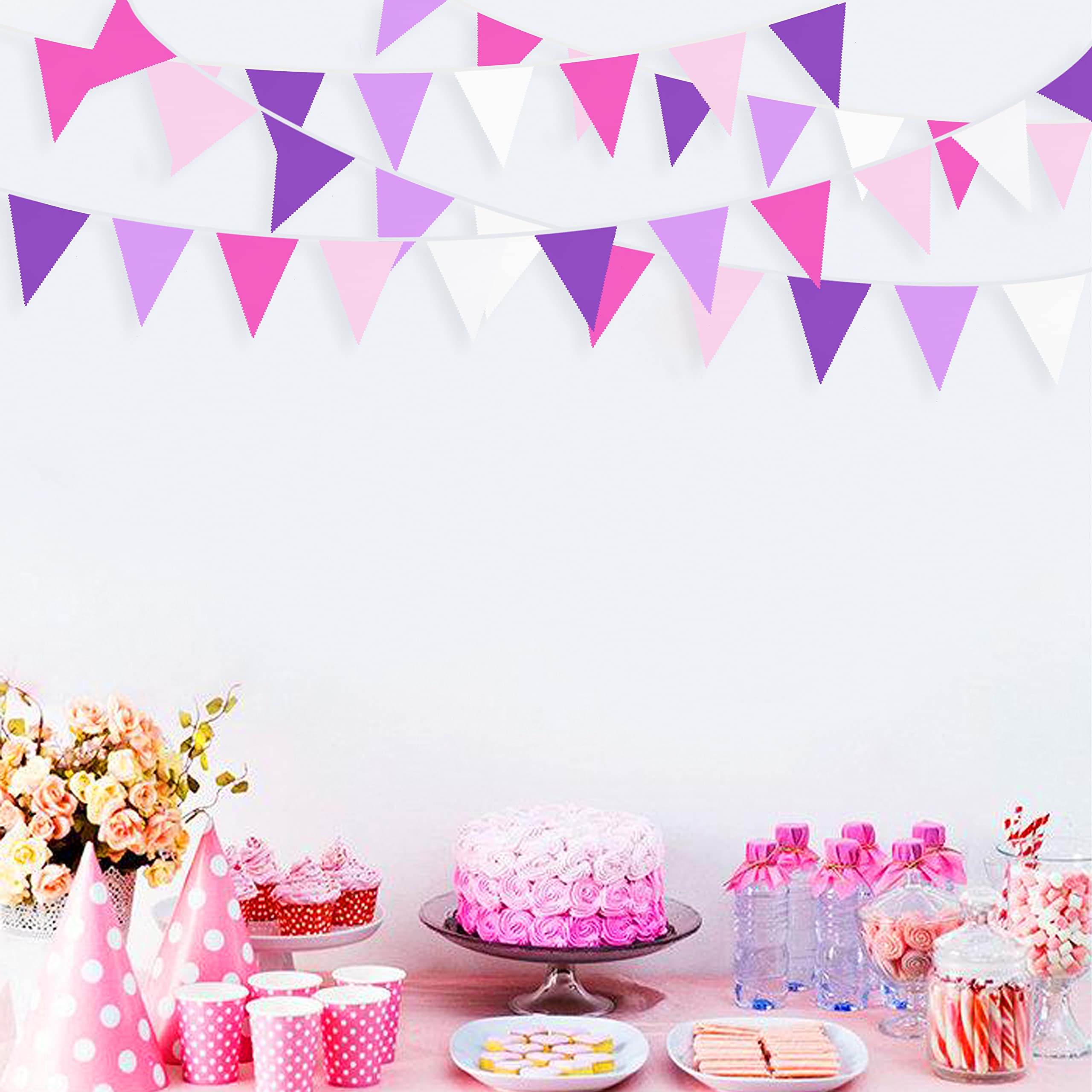 10M/32Ft Rose Pink Purple White Pennant Banner Fabric Triangle Flag Cotton Bunting Garland for Unicorn Birthday Wedding Anniversary Party Home Nursery Outdoor Garden Hanging Festivals Decoration