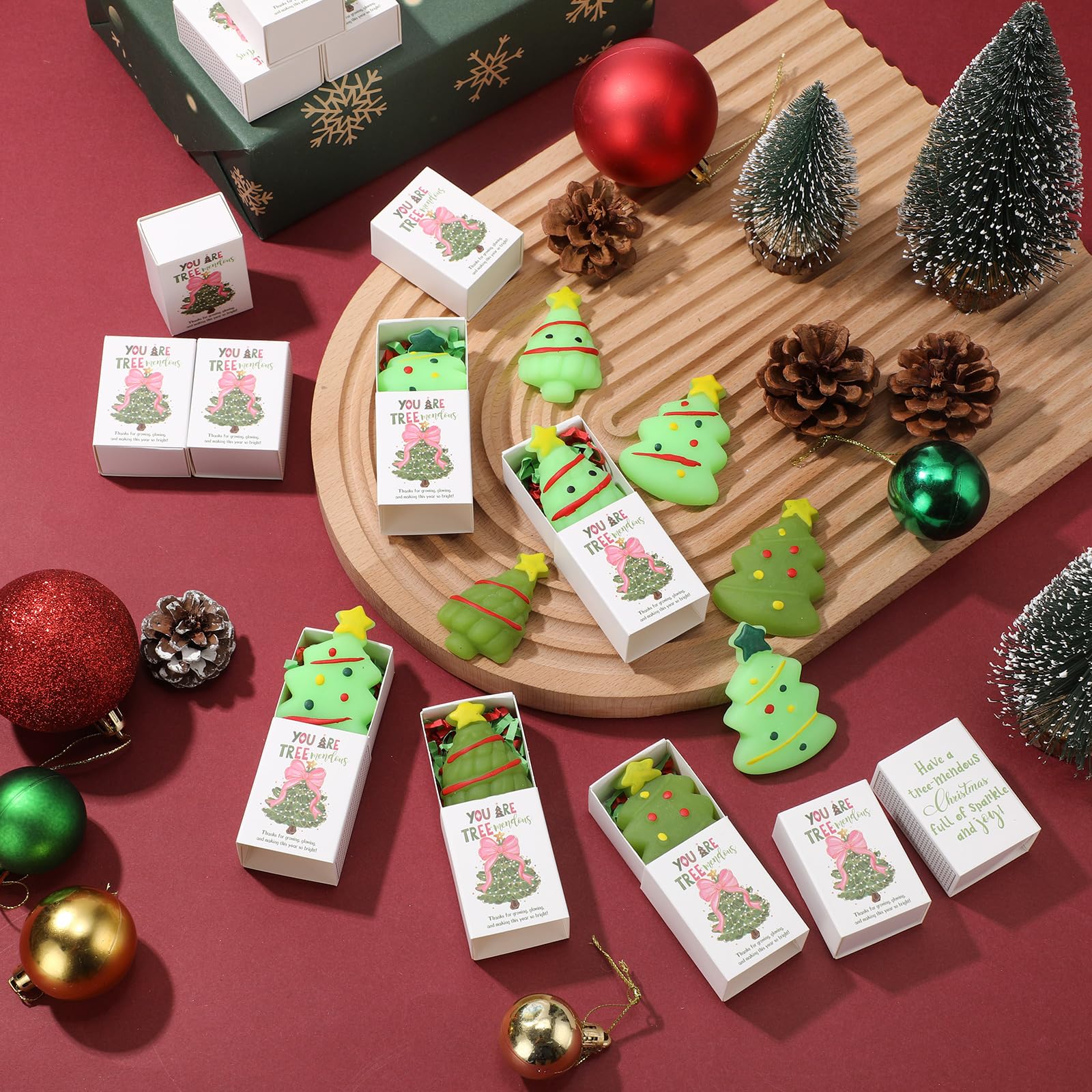 Wettarn 20 Sets Christmas Appreciation Gifts Tree Stress Balls with Support Gift Boxes Bulk Christmas Party Favors for Employee