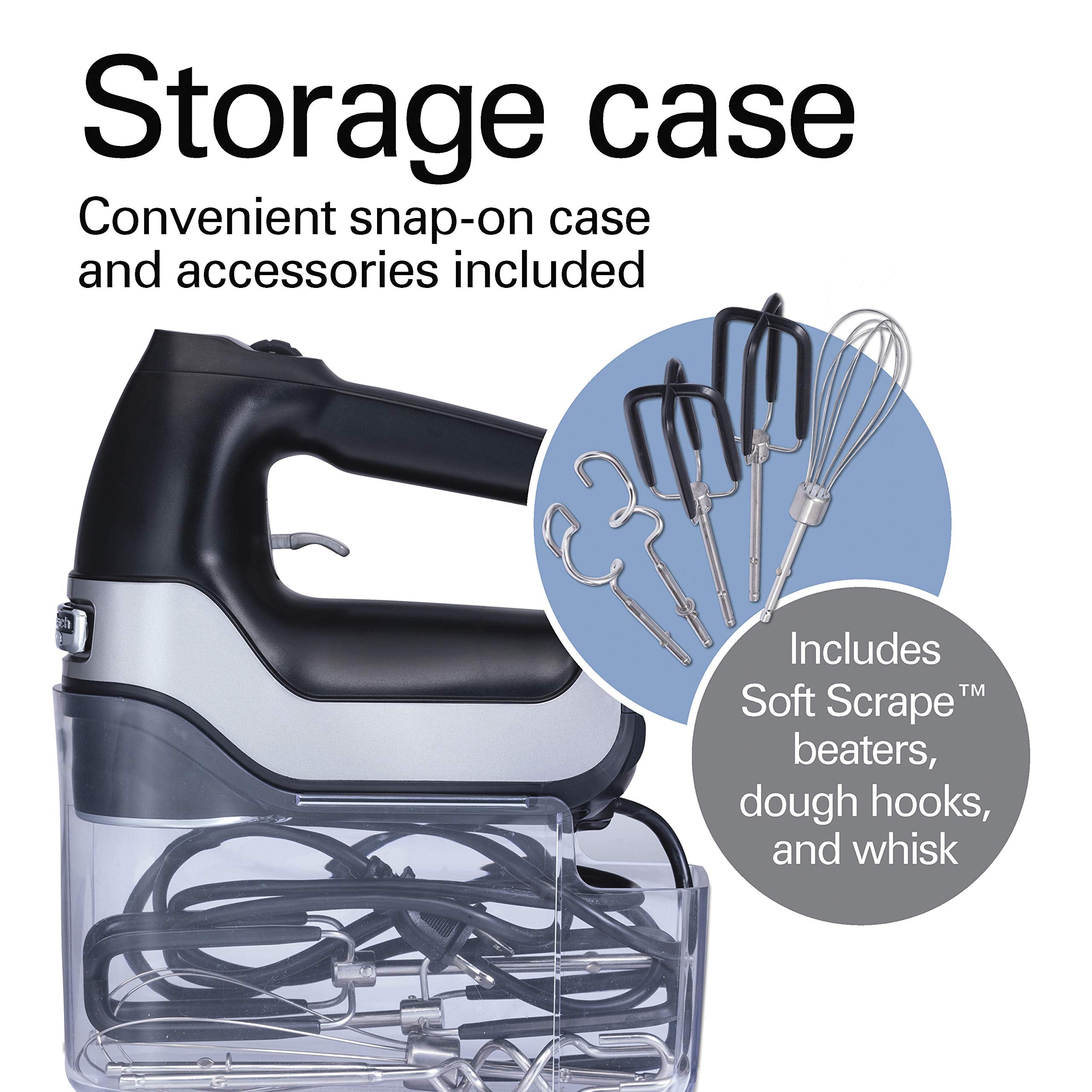 Hamilton Beach Professional 7-Speed Digital Electric Hand Mixer with High-Performance DC Motor  Slow Start  Snap-On Storage Case  SoftScrape Beaters  Whisk  Dough Hooks  Matte Black (62655)