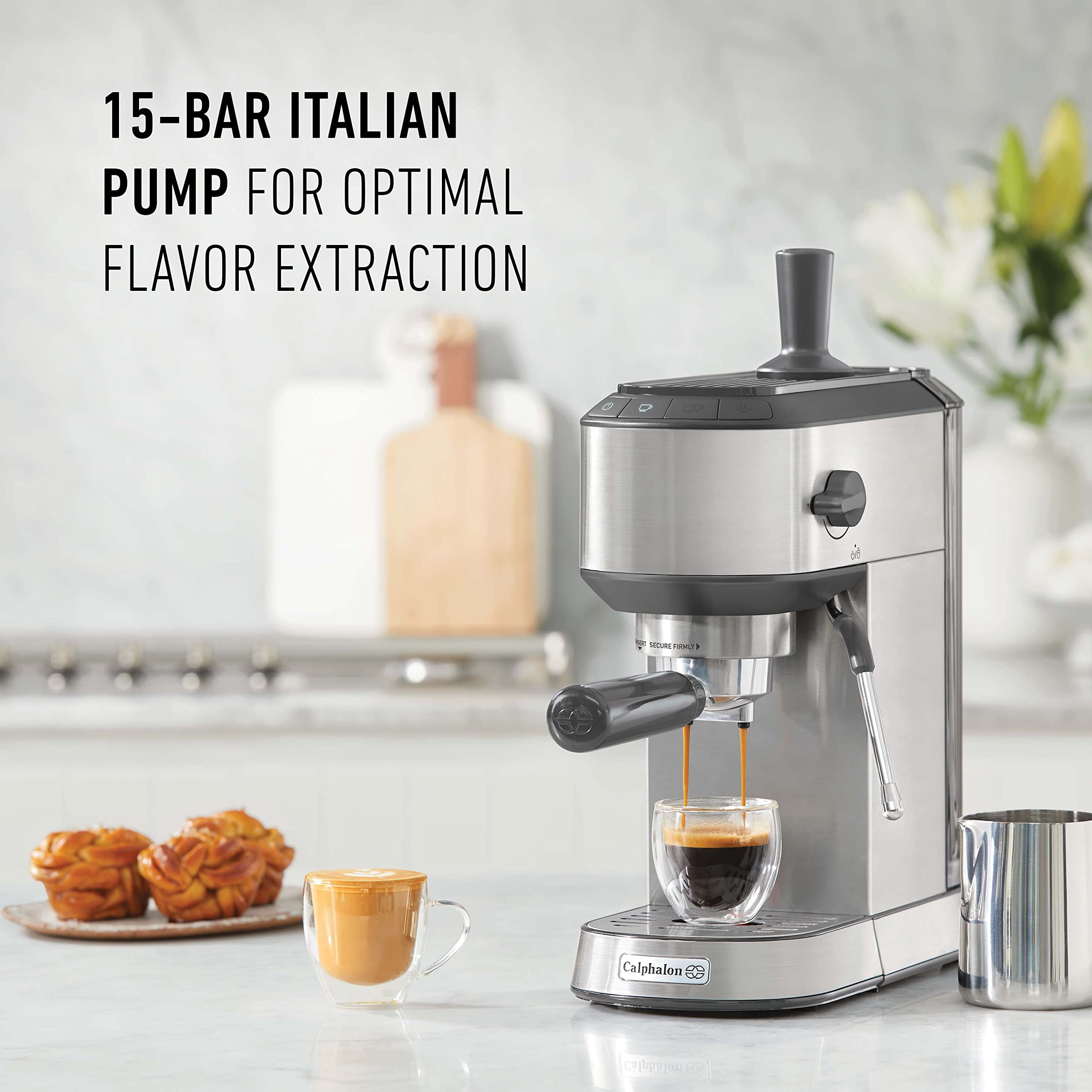 Calphalon Compact Espresso Machine, Home Espresso Machine With Milk Frother, Stainless Steel