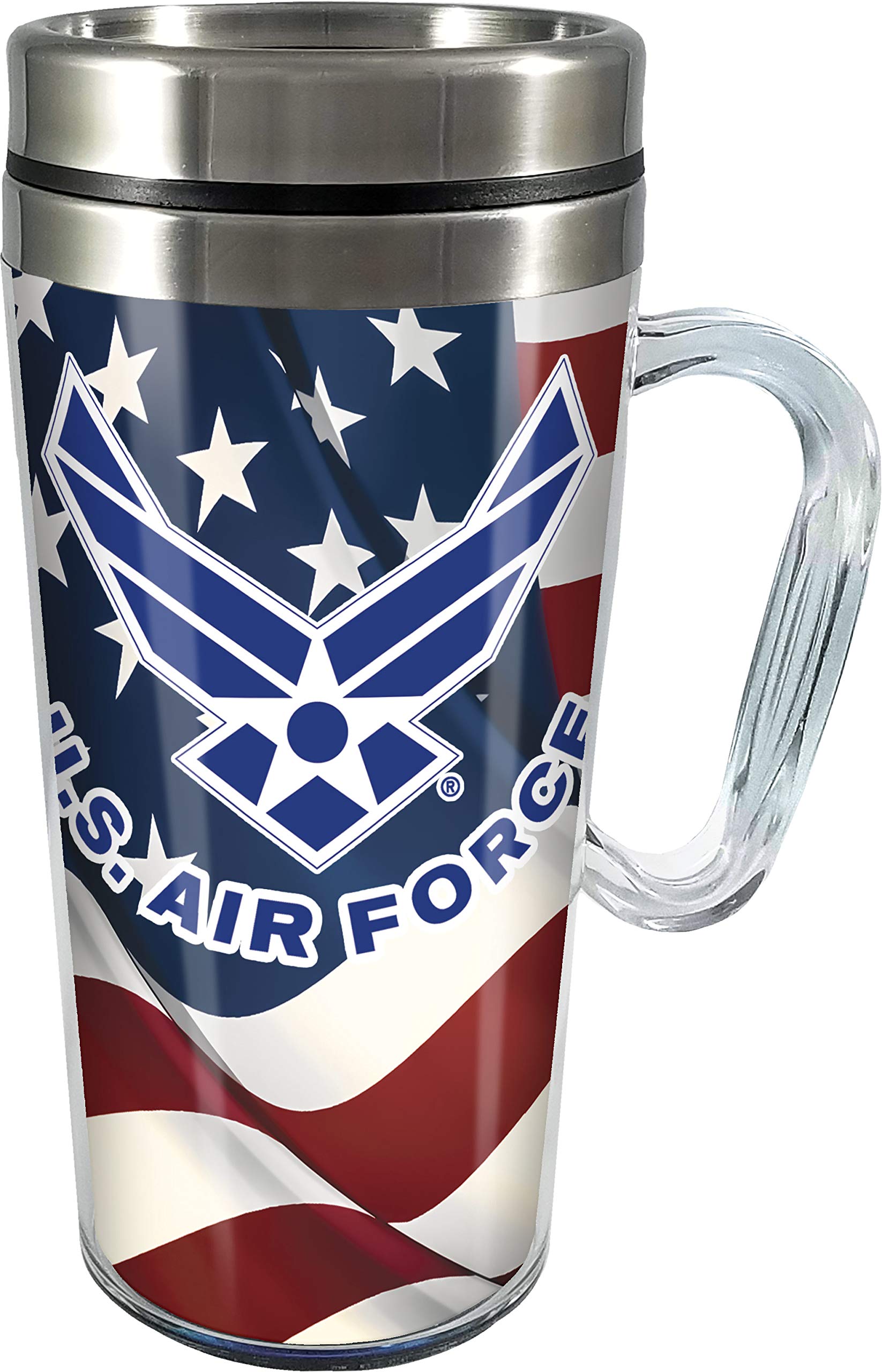 Spoontiques Insulated Travel Mug, 14oz  Double Wall Stainless & Acrylic Drink Cup with Twist Top Lid & Handle  US Air Force